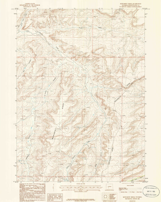 Classic USGS Monument Ridge Wyoming 7.5'x7.5' Topo Map Image