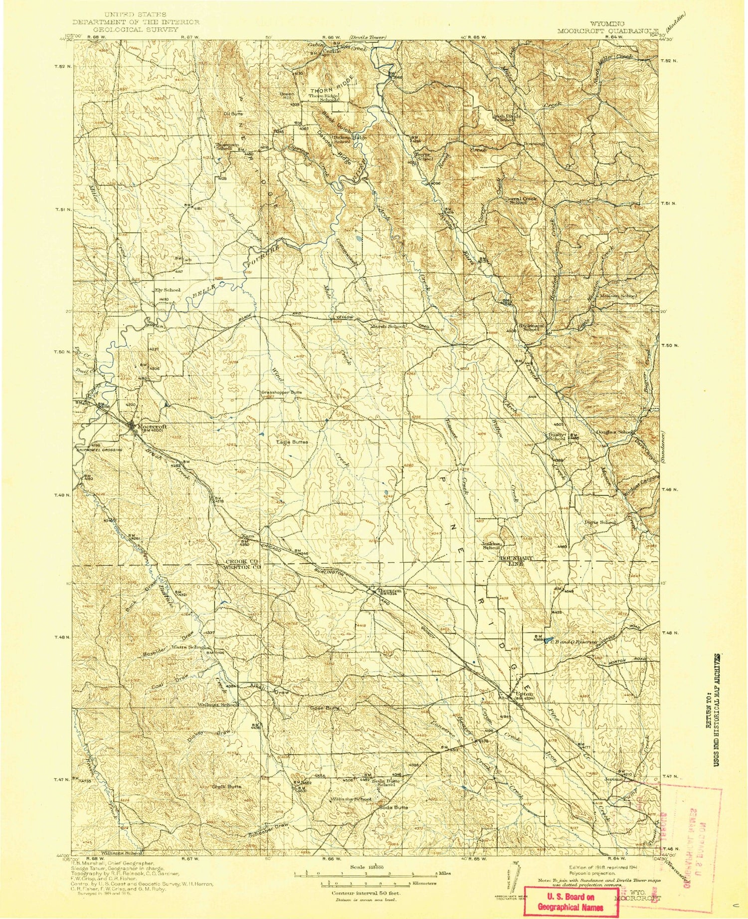 Historic 1918 Moorcroft Wyoming 30'x30' Topo Map Image