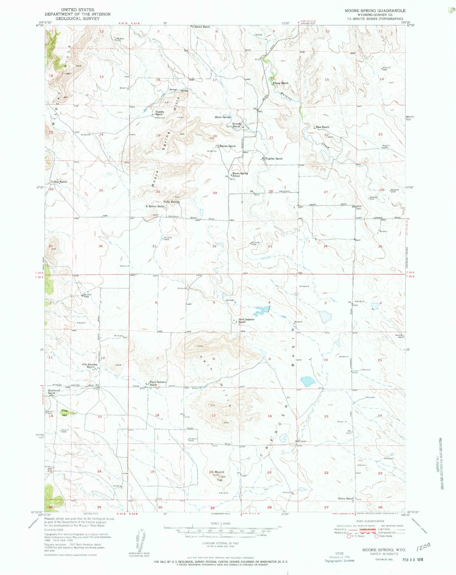 Classic USGS Moore Spring Wyoming 7.5'x7.5' Topo Map Image