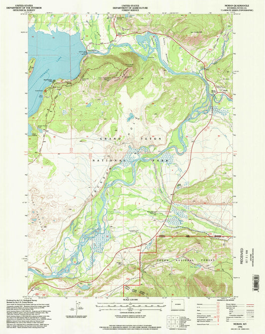 Classic USGS Moran Wyoming 7.5'x7.5' Topo Map Image