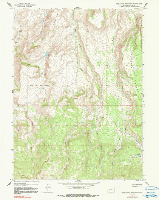 Classic USGS Moslander Reservoir Wyoming 7.5'x7.5' Topo Map Image