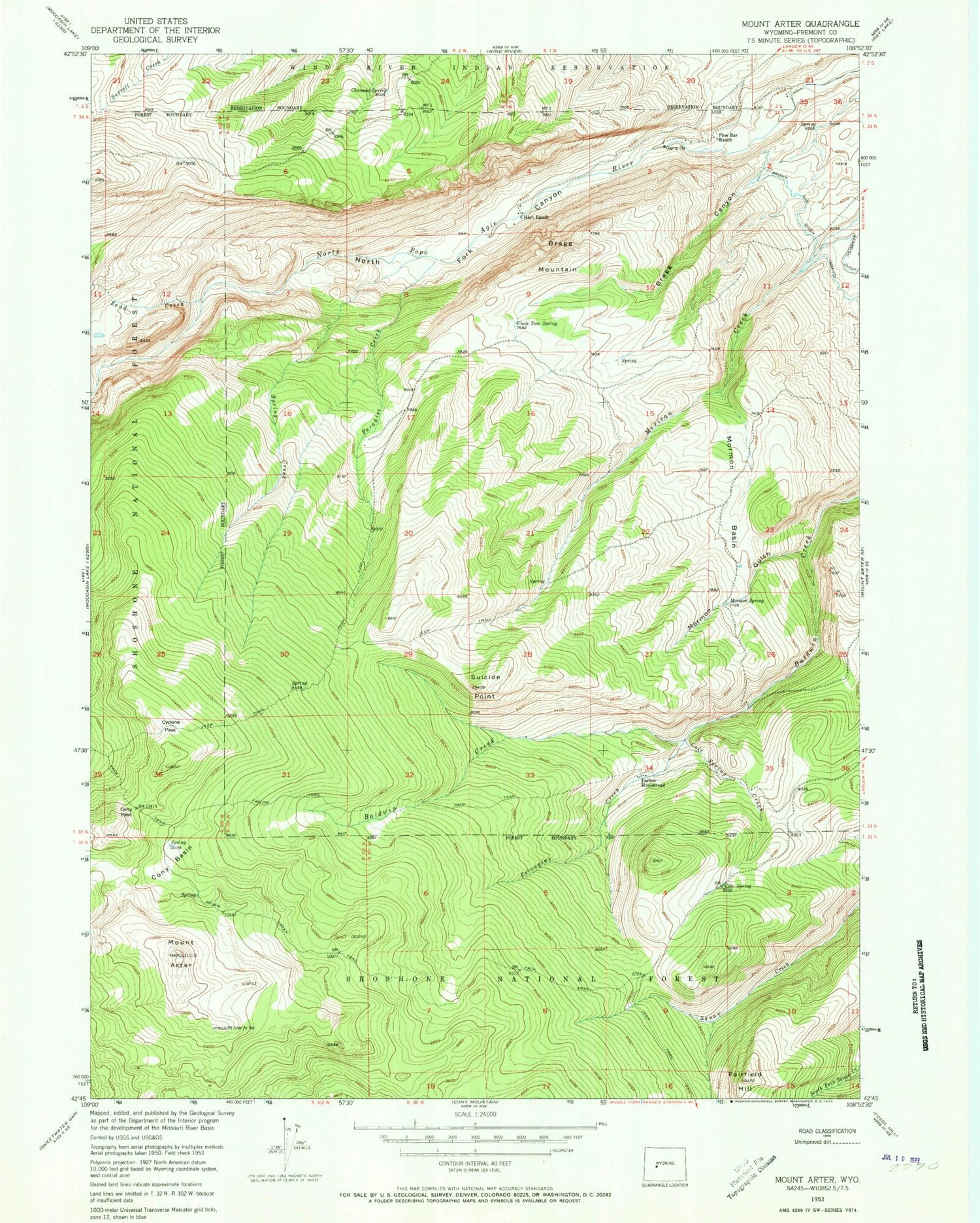 Classic USGS Mount Arter Wyoming 7.5'x7.5' Topo Map Image