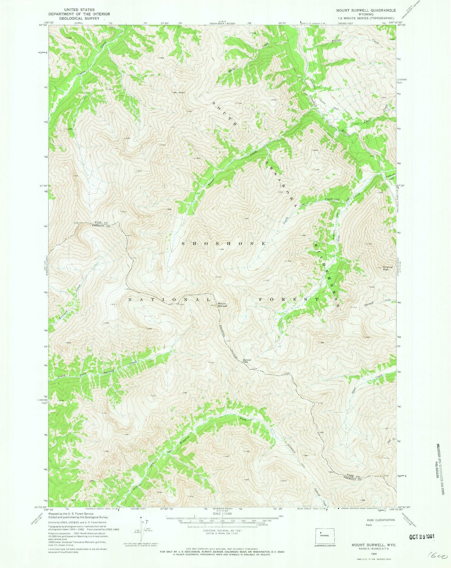 Classic USGS Mount Burwell Wyoming 7.5'x7.5' Topo Map Image