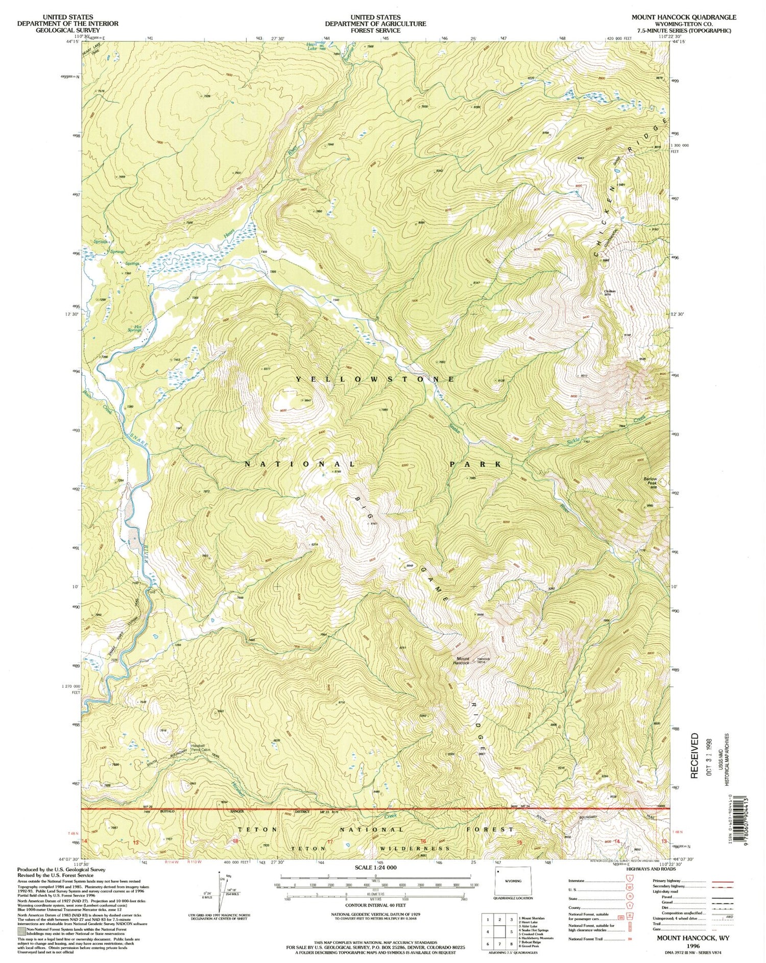 Classic USGS Mount Hancock Wyoming 7.5'x7.5' Topo Map Image