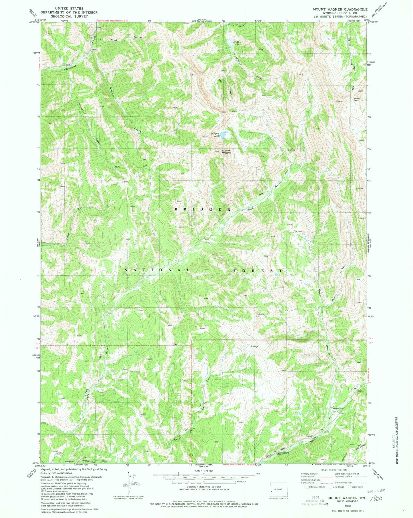 Classic USGS Mount Wagner Wyoming 7.5'x7.5' Topo Map Image