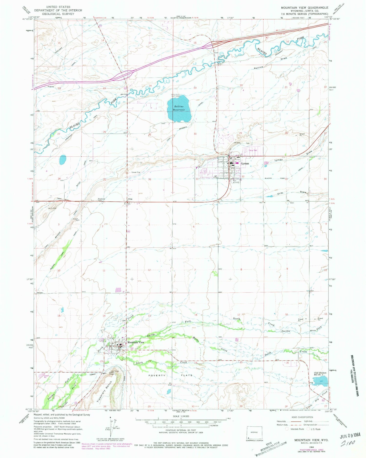 Classic USGS Mountain View Wyoming 7.5'x7.5' Topo Map Image