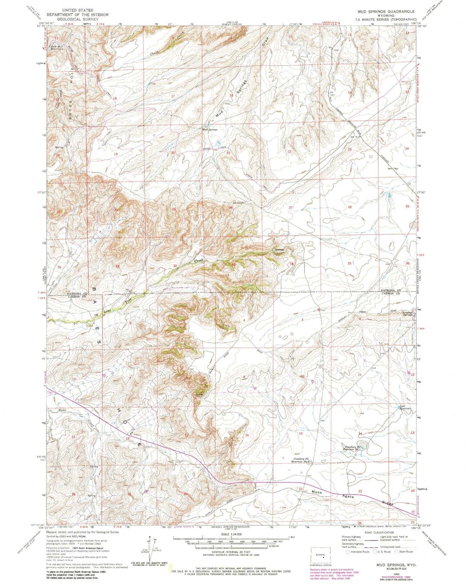 Classic USGS Mud Springs Wyoming 7.5'x7.5' Topo Map Image