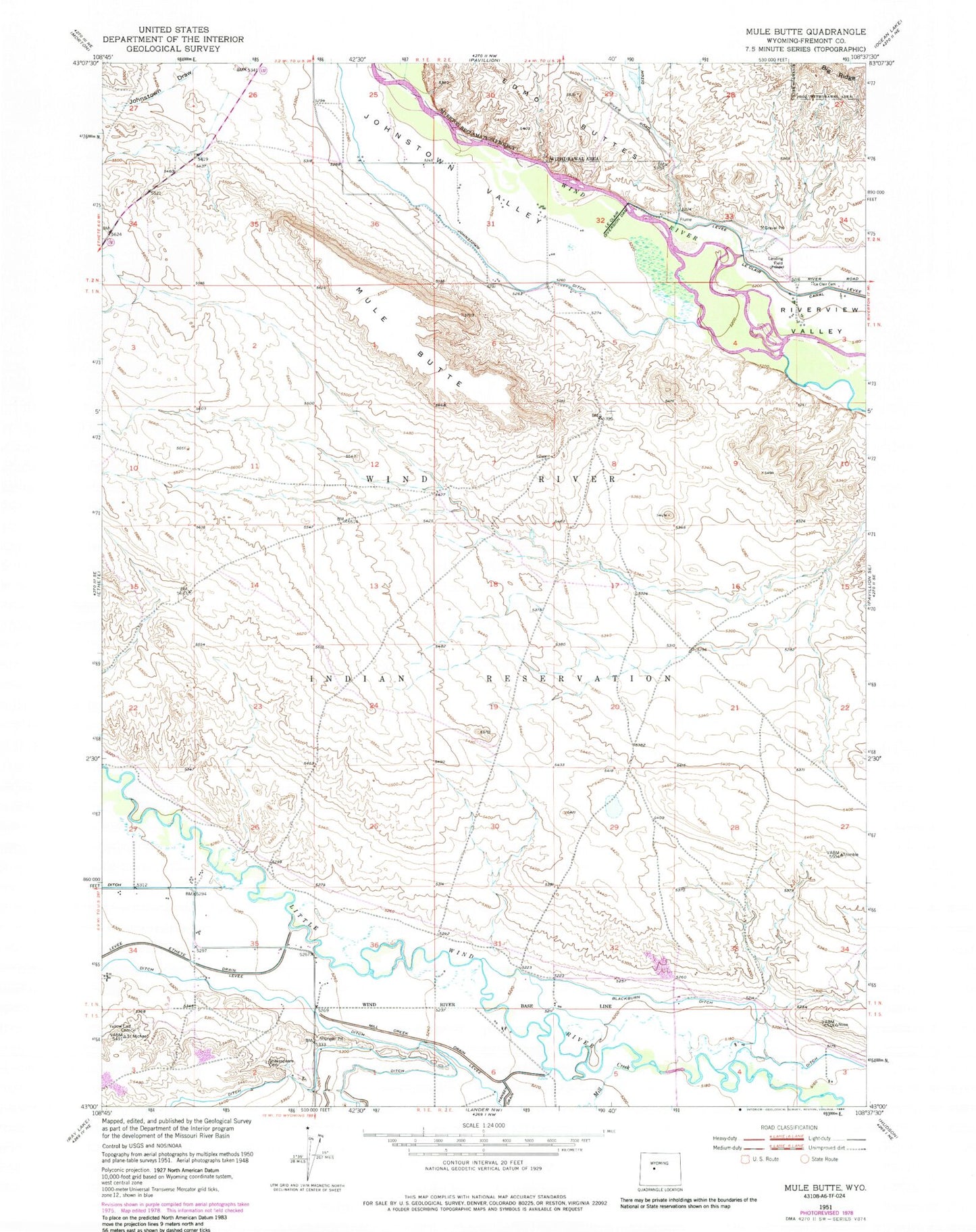 Classic USGS Mule Butte Wyoming 7.5'x7.5' Topo Map Image