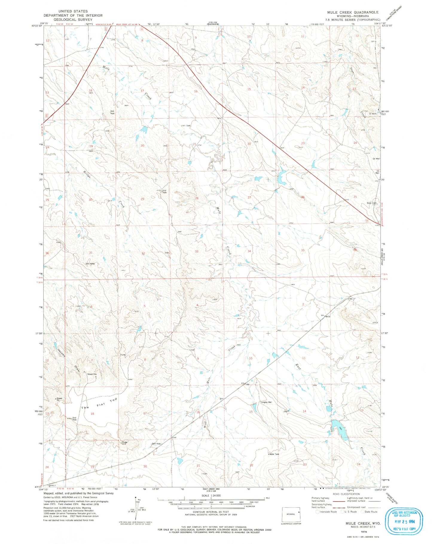 Classic USGS Mule Creek Wyoming 7.5'x7.5' Topo Map Image