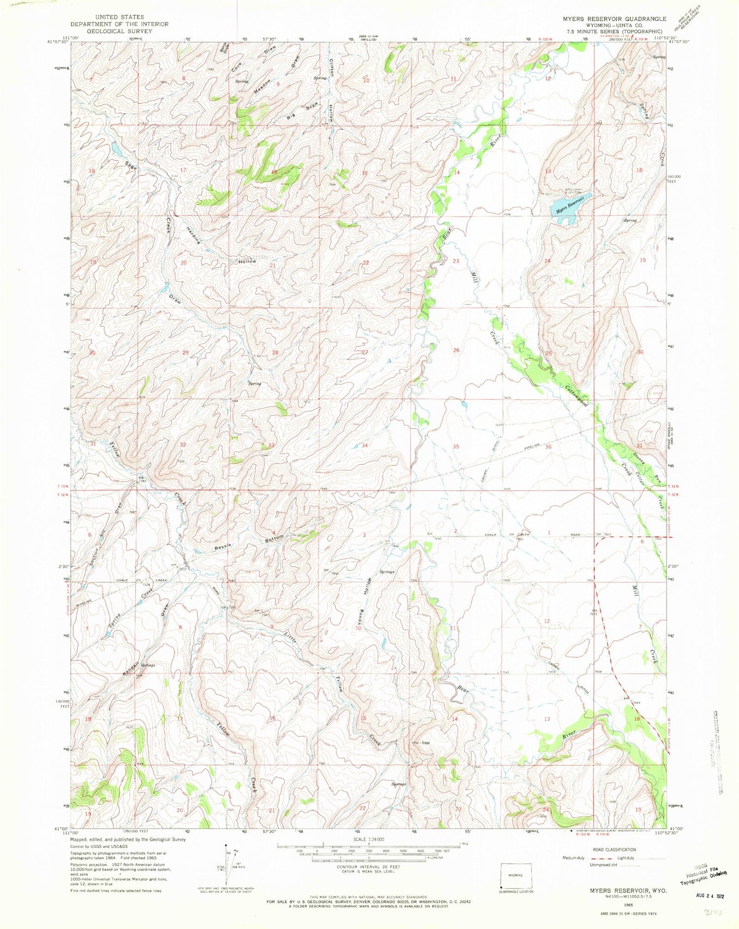 Classic USGS Myers Reservoir Wyoming 7.5'x7.5' Topo Map Image