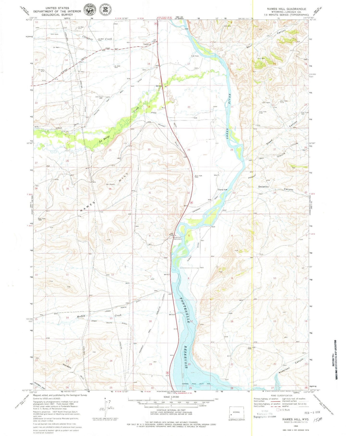 Classic USGS Names Hill Wyoming 7.5'x7.5' Topo Map Image