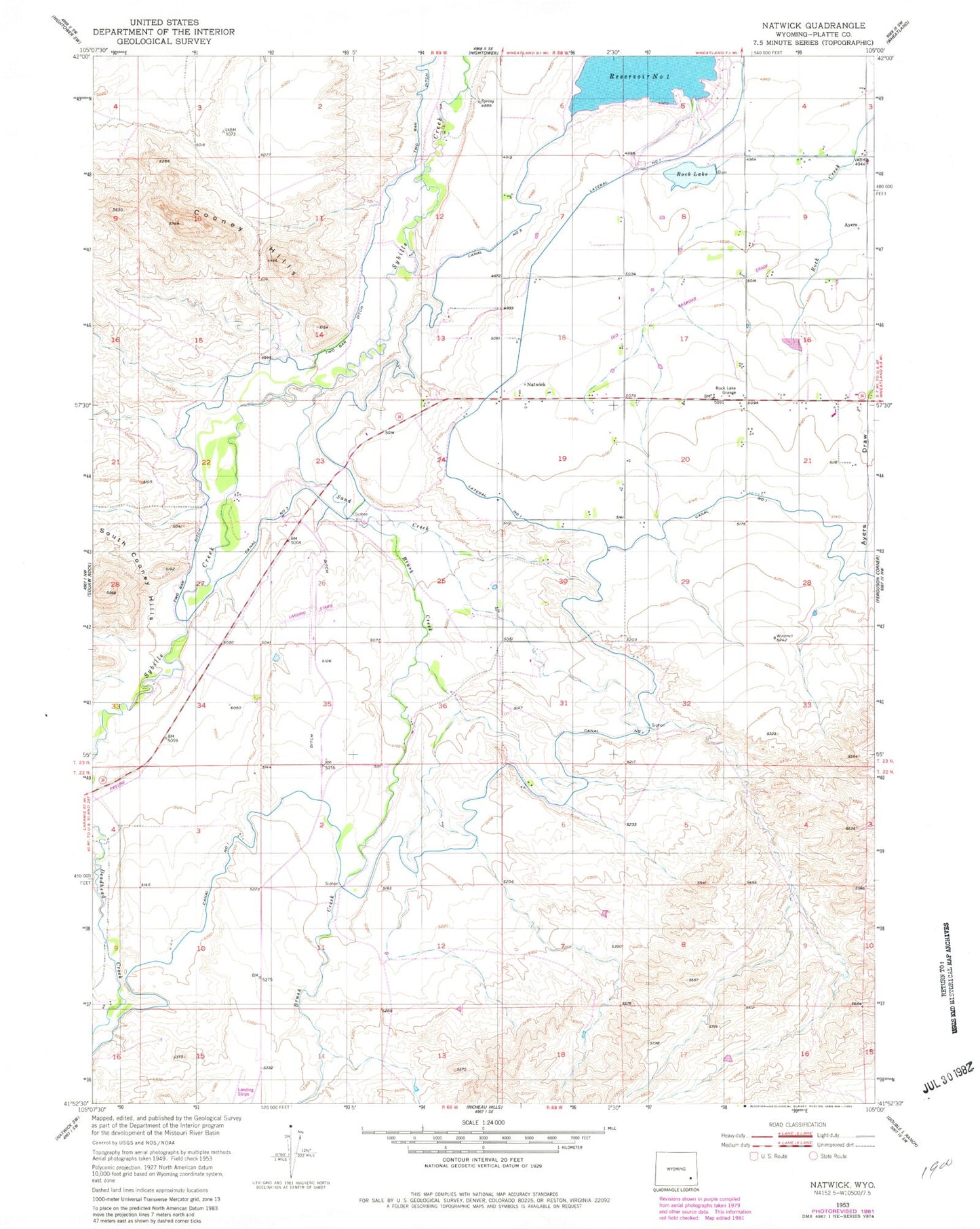 Classic USGS Natwick Wyoming 7.5'x7.5' Topo Map Image