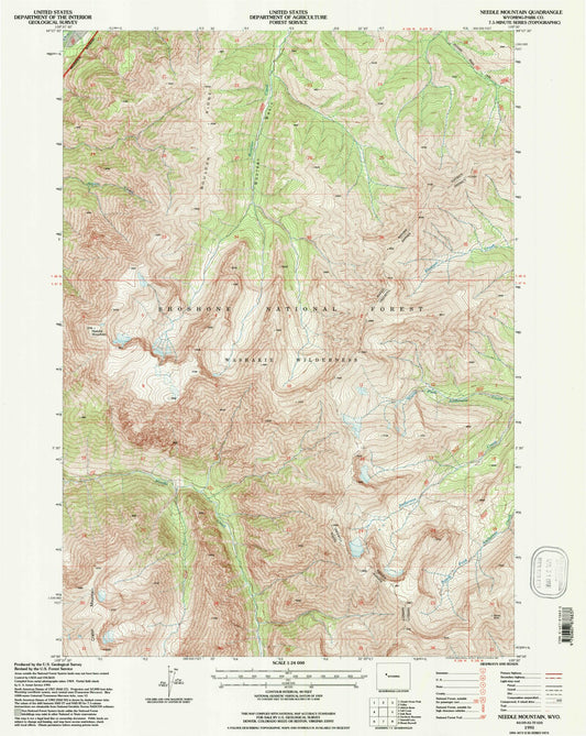 Classic USGS Needle Mountain Wyoming 7.5'x7.5' Topo Map Image