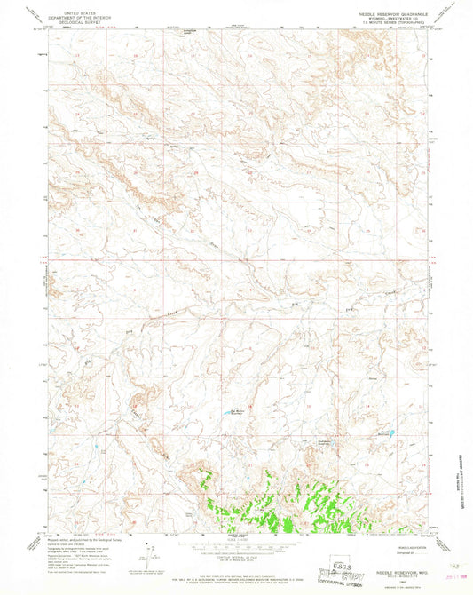 Classic USGS Needle Reservoir Wyoming 7.5'x7.5' Topo Map Image