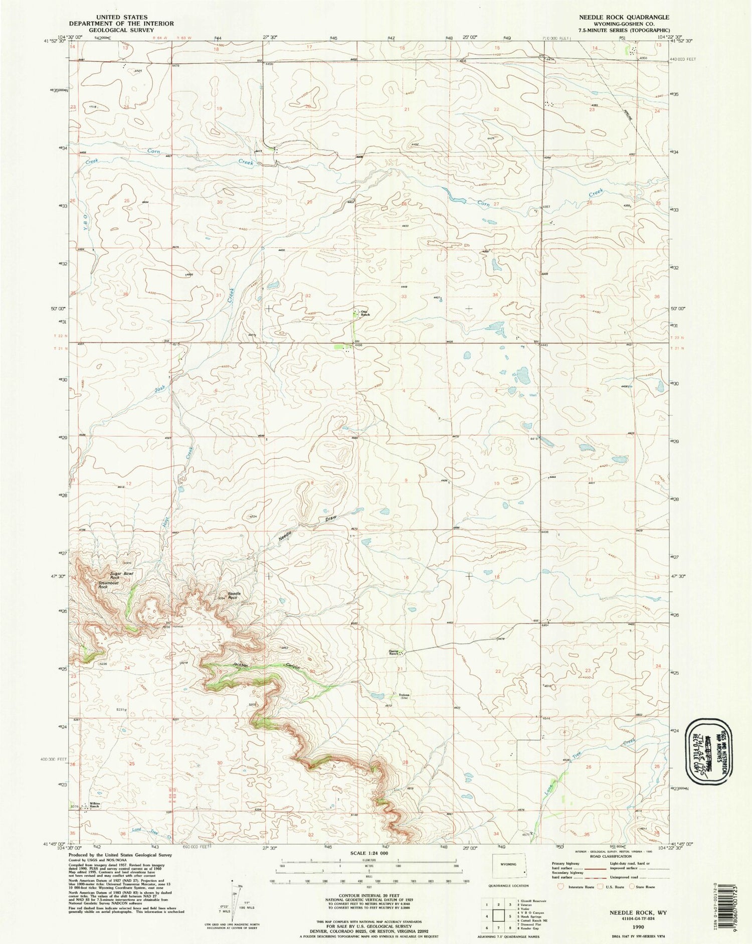 Classic USGS Needle Rock Wyoming 7.5'x7.5' Topo Map Image