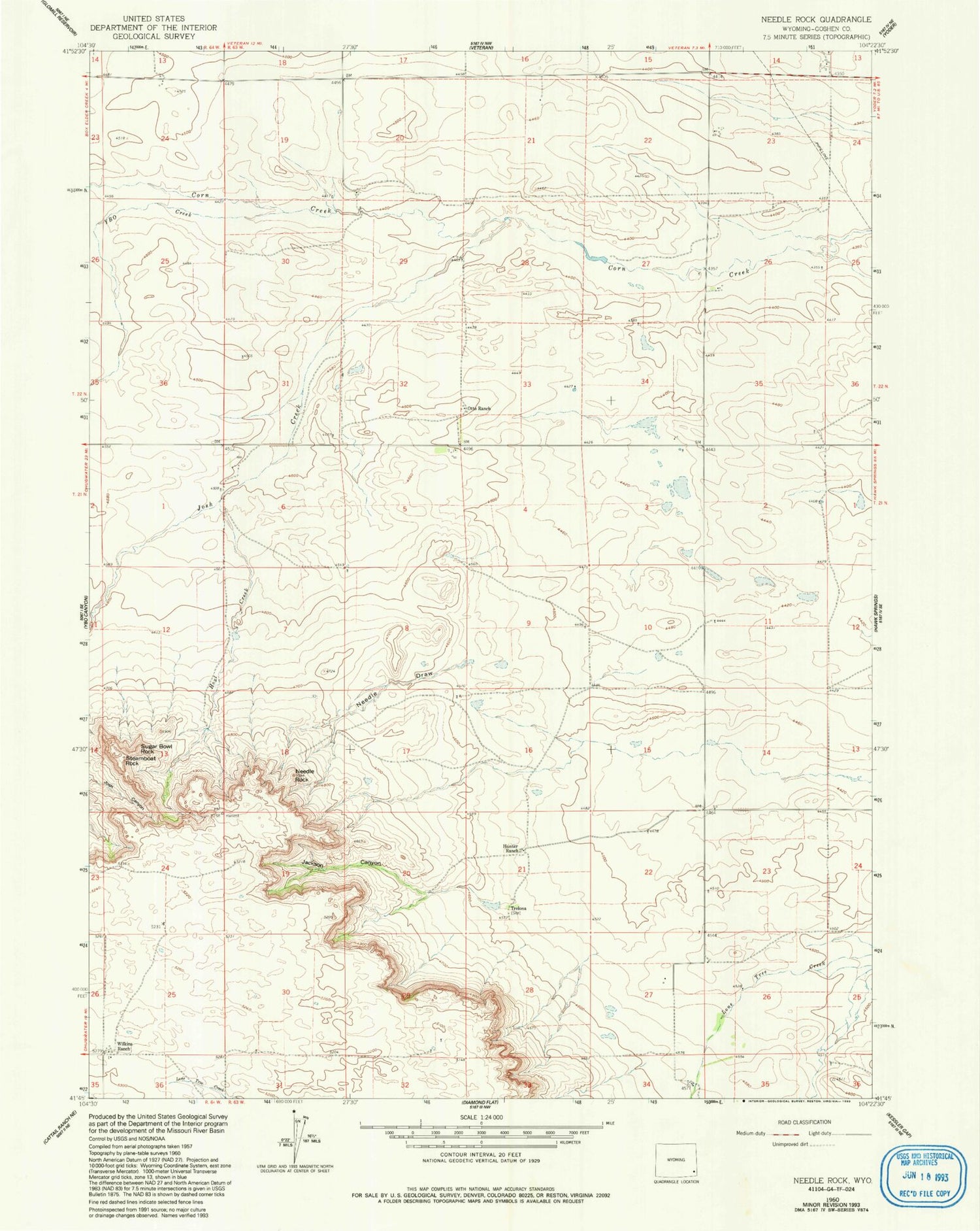 Classic USGS Needle Rock Wyoming 7.5'x7.5' Topo Map Image