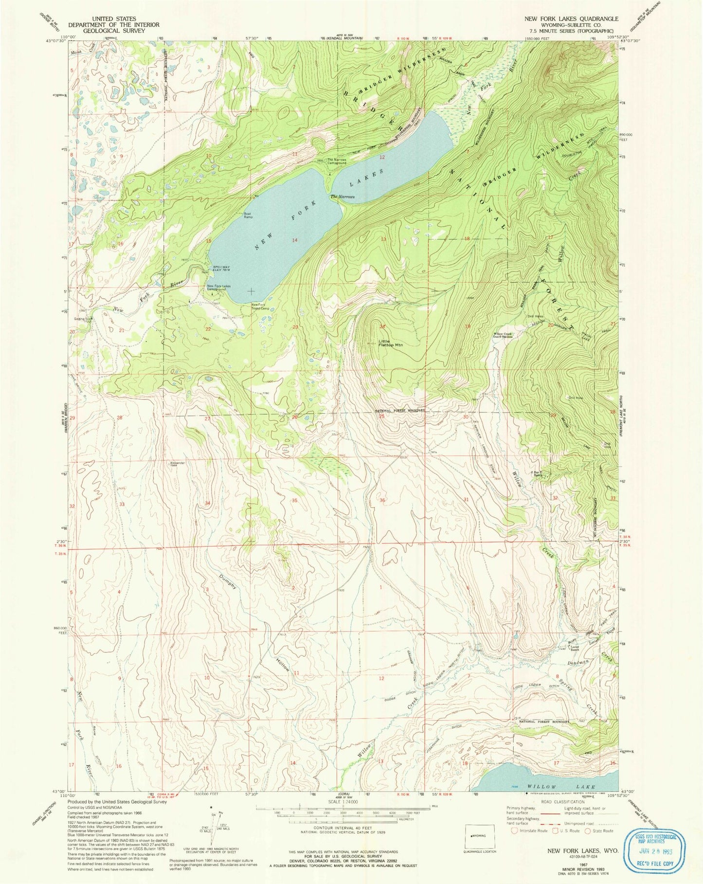Classic USGS New Fork Lakes Wyoming 7.5'x7.5' Topo Map Image