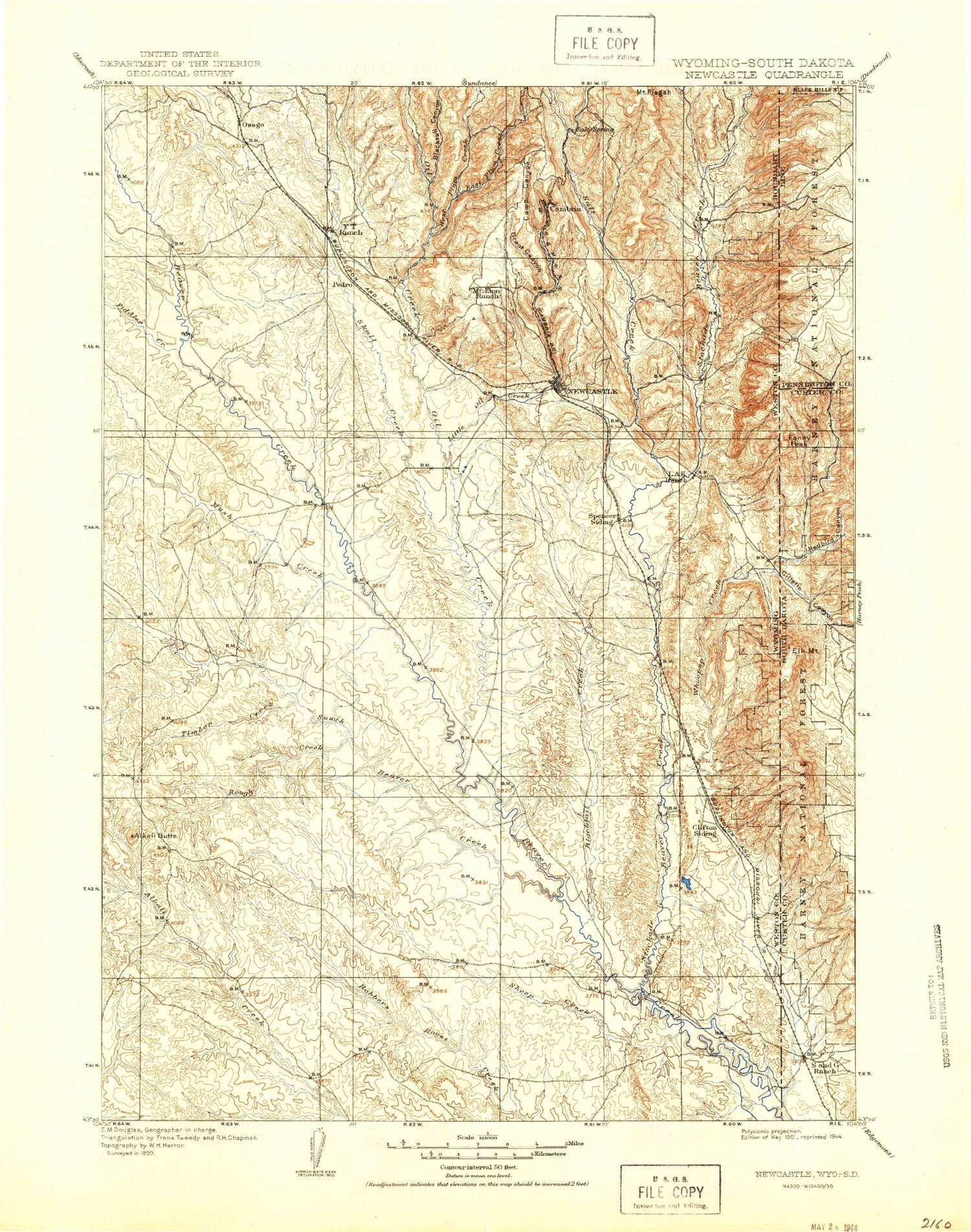 Historic 1901 New Castle Wyoming 30'x30' Topo Map Image