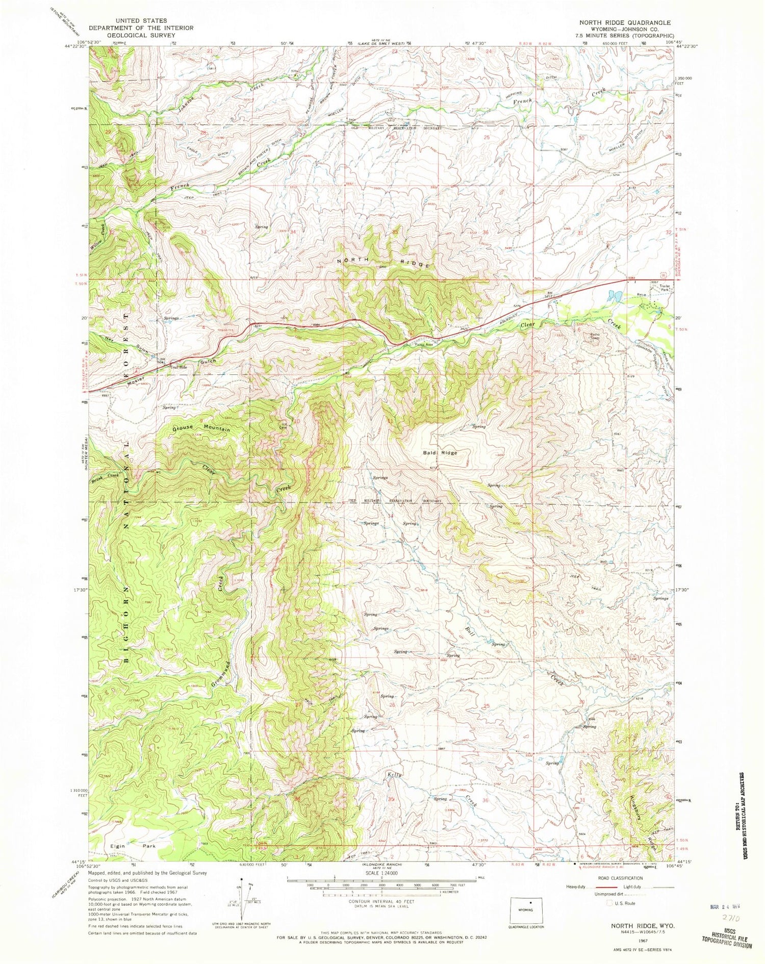 Classic USGS North Ridge Wyoming 7.5'x7.5' Topo Map Image