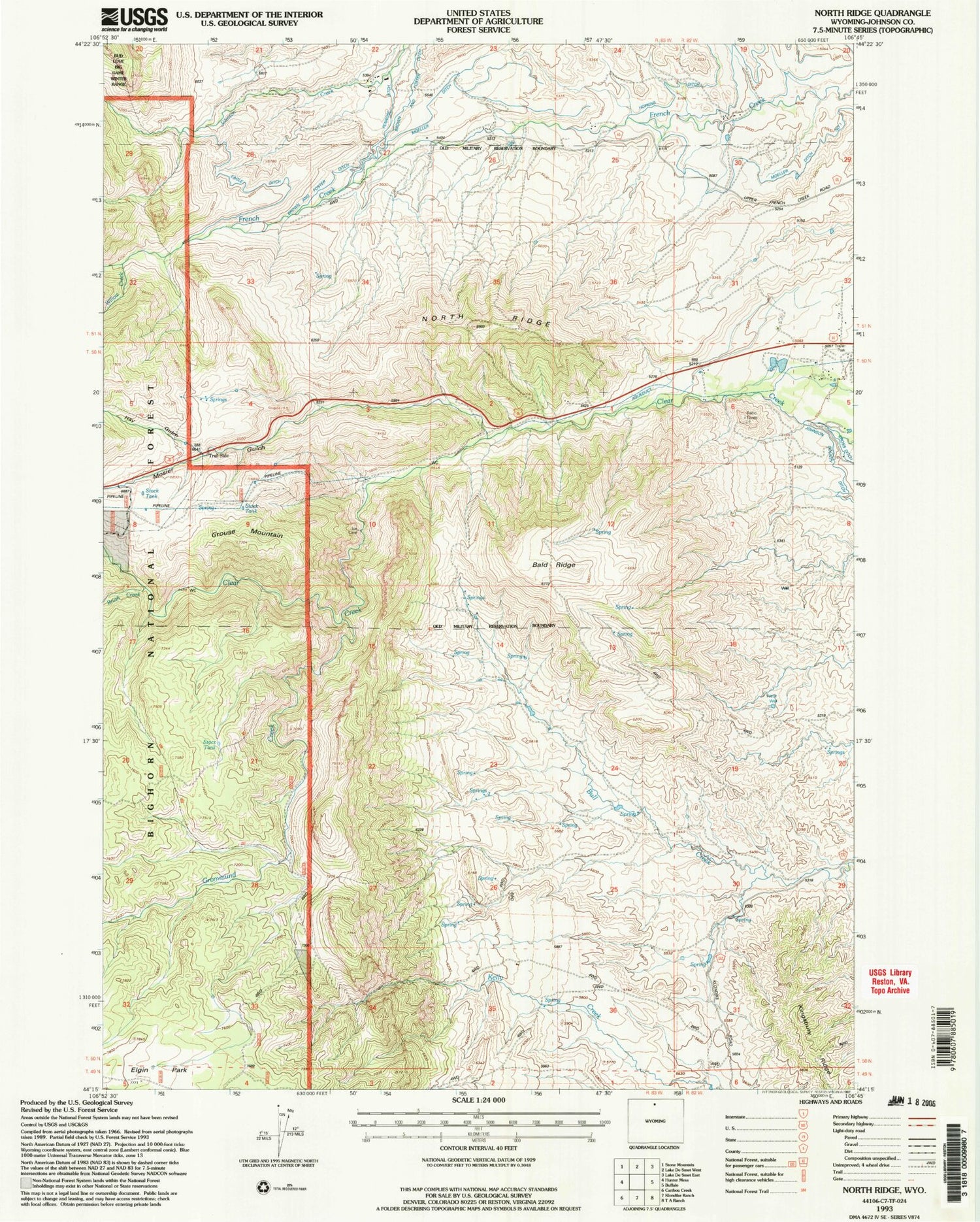 Classic USGS North Ridge Wyoming 7.5'x7.5' Topo Map Image