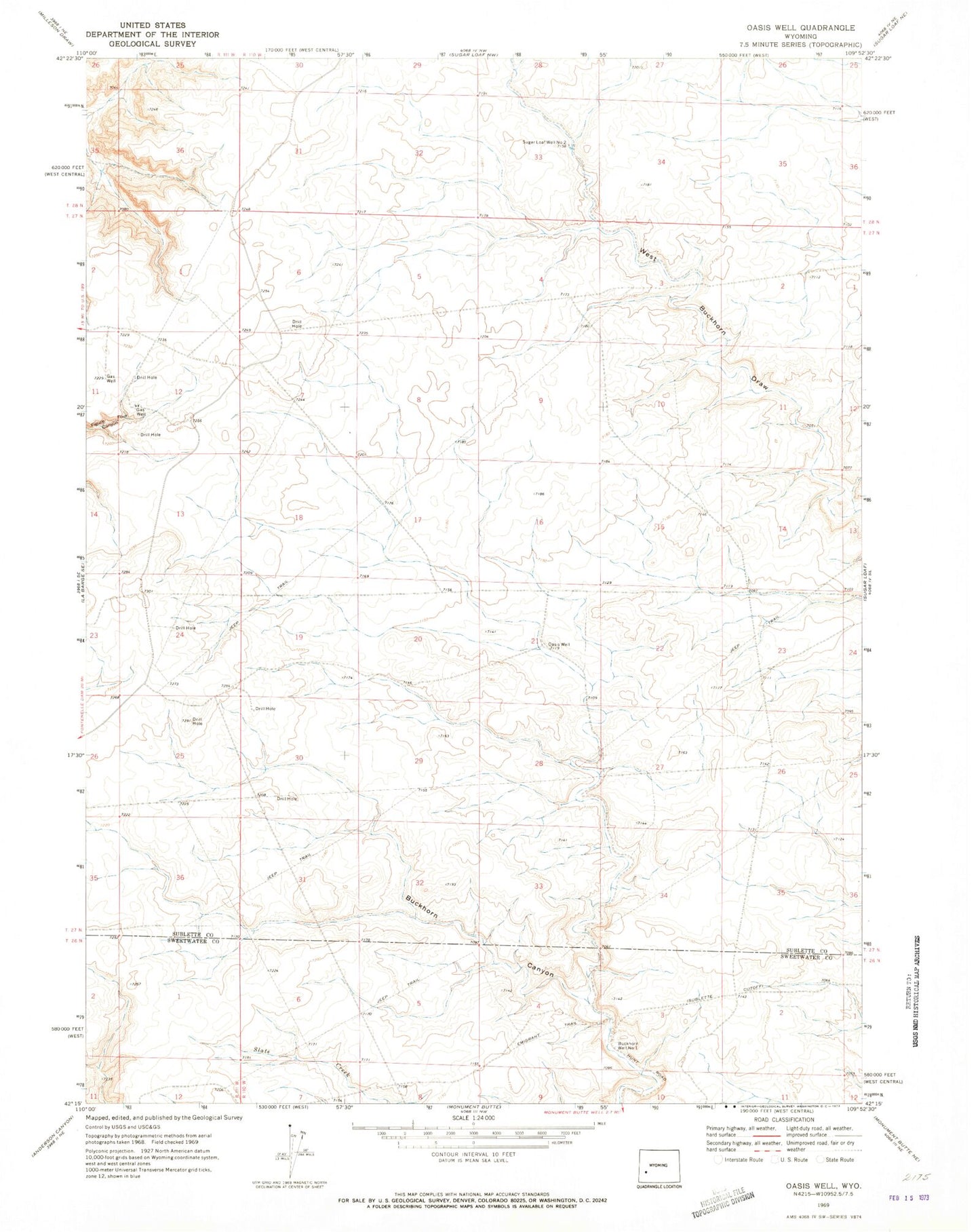 Classic USGS Oasis Well Wyoming 7.5'x7.5' Topo Map Image