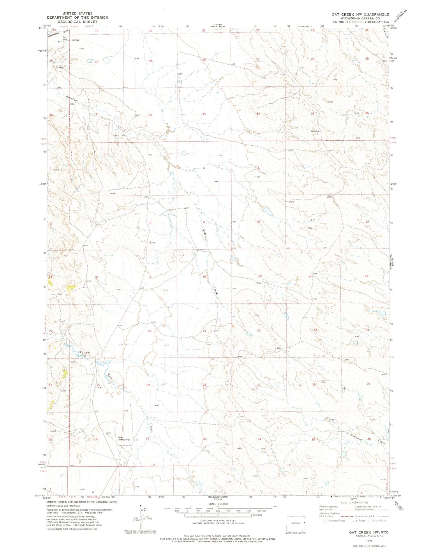 Classic USGS Oat Creek NW Wyoming 7.5'x7.5' Topo Map Image