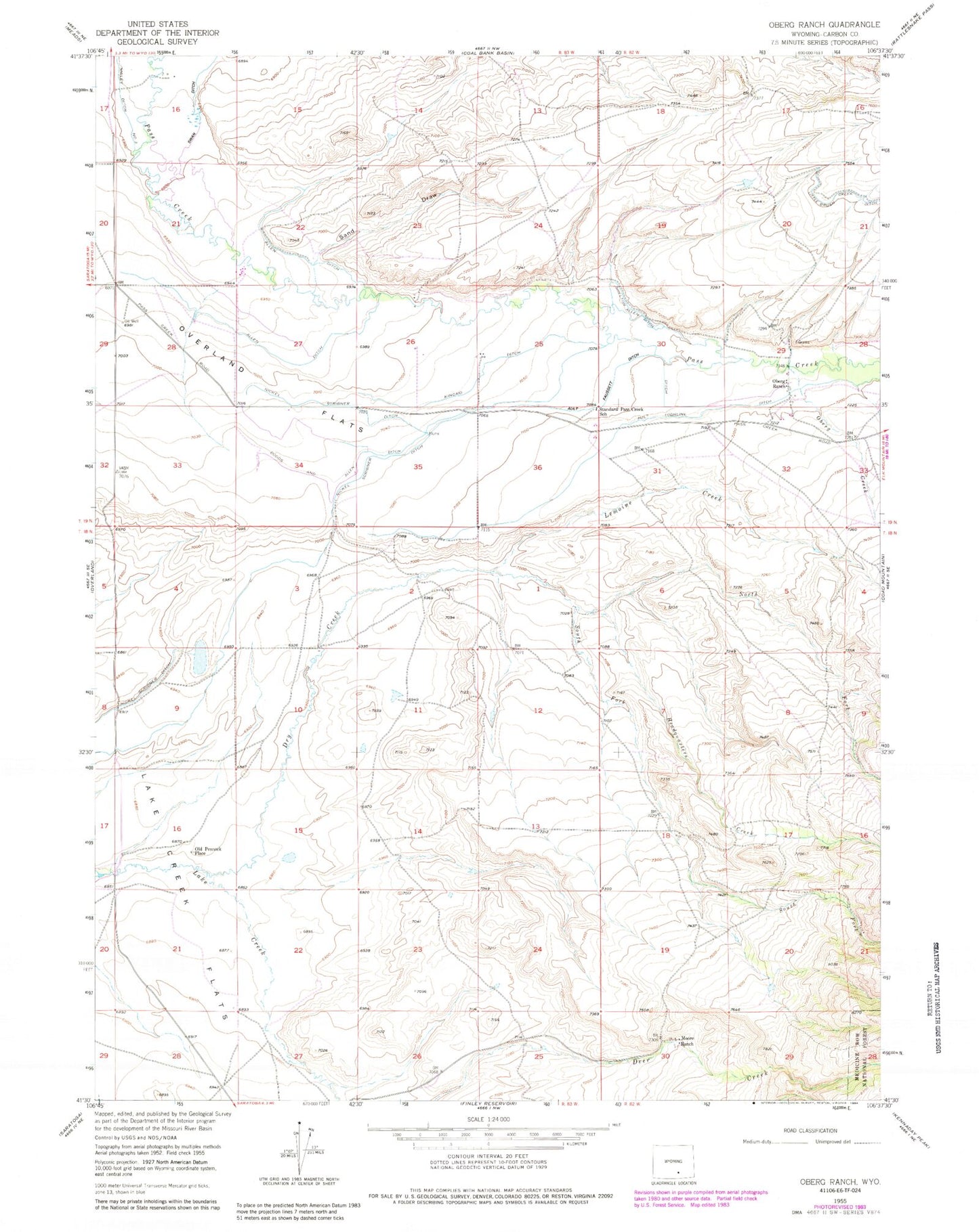 Classic USGS Oberg Ranch Wyoming 7.5'x7.5' Topo Map Image