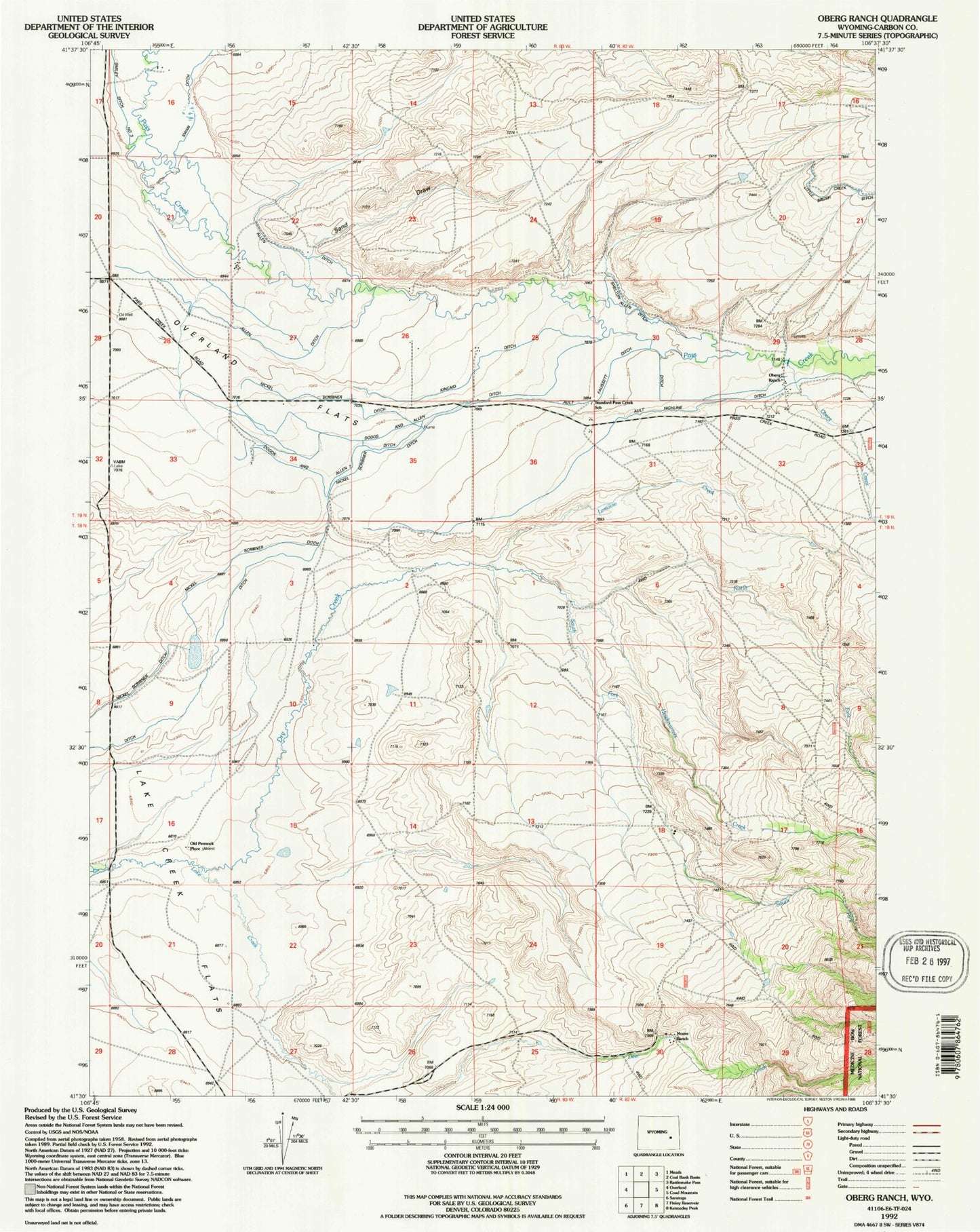 Classic USGS Oberg Ranch Wyoming 7.5'x7.5' Topo Map Image