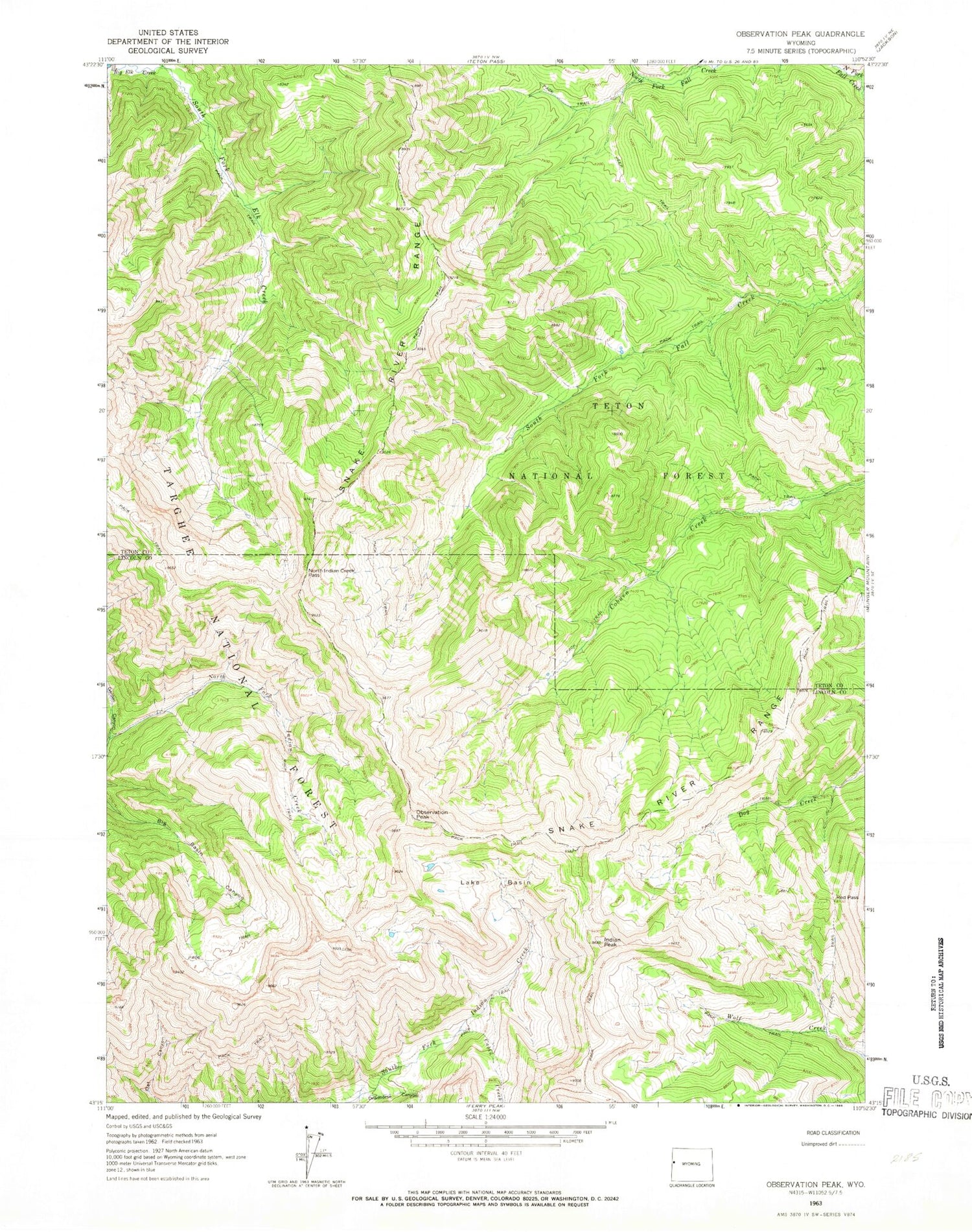 Classic USGS Observation Peak Wyoming 7.5'x7.5' Topo Map Image