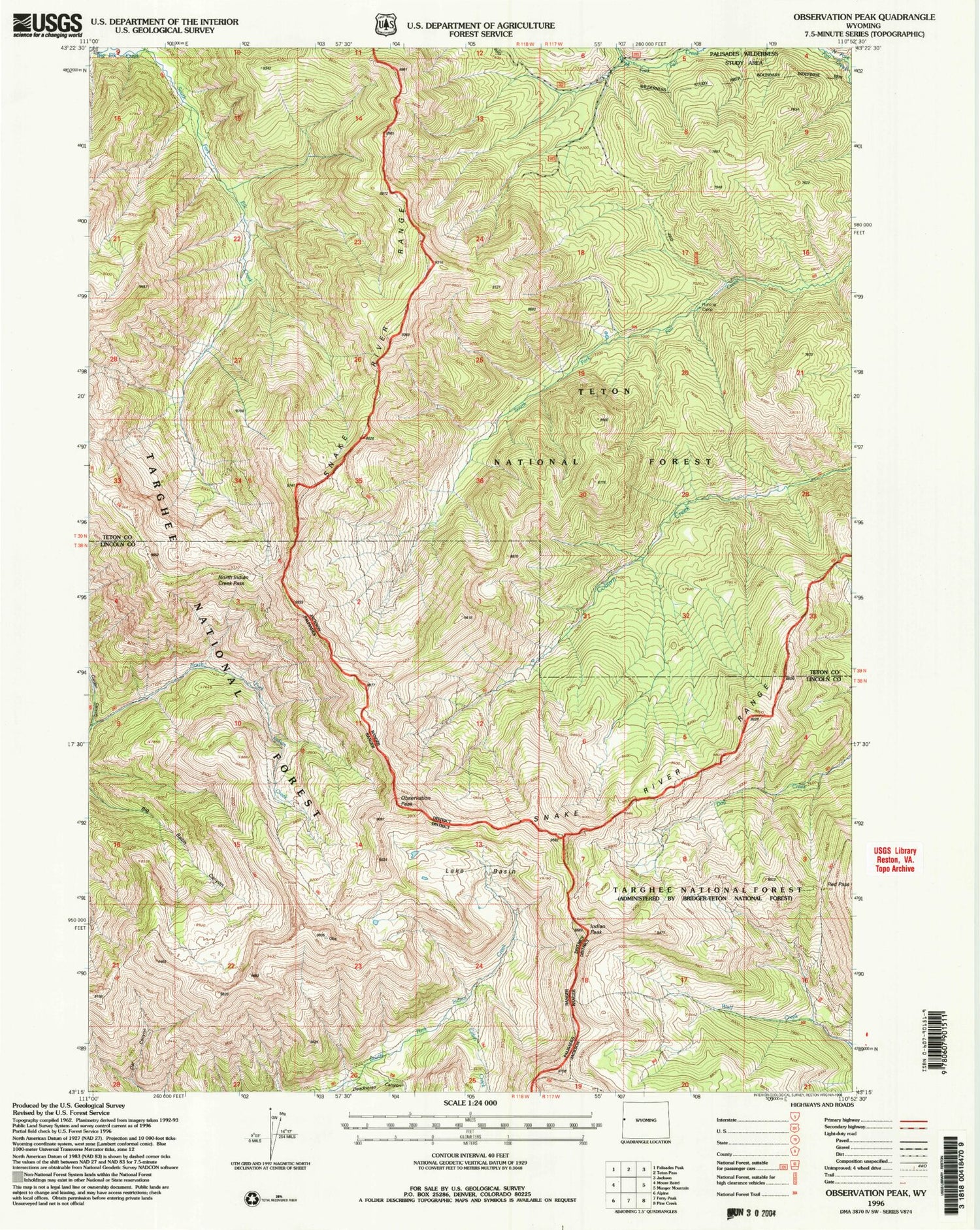 Classic USGS Observation Peak Wyoming 7.5'x7.5' Topo Map Image
