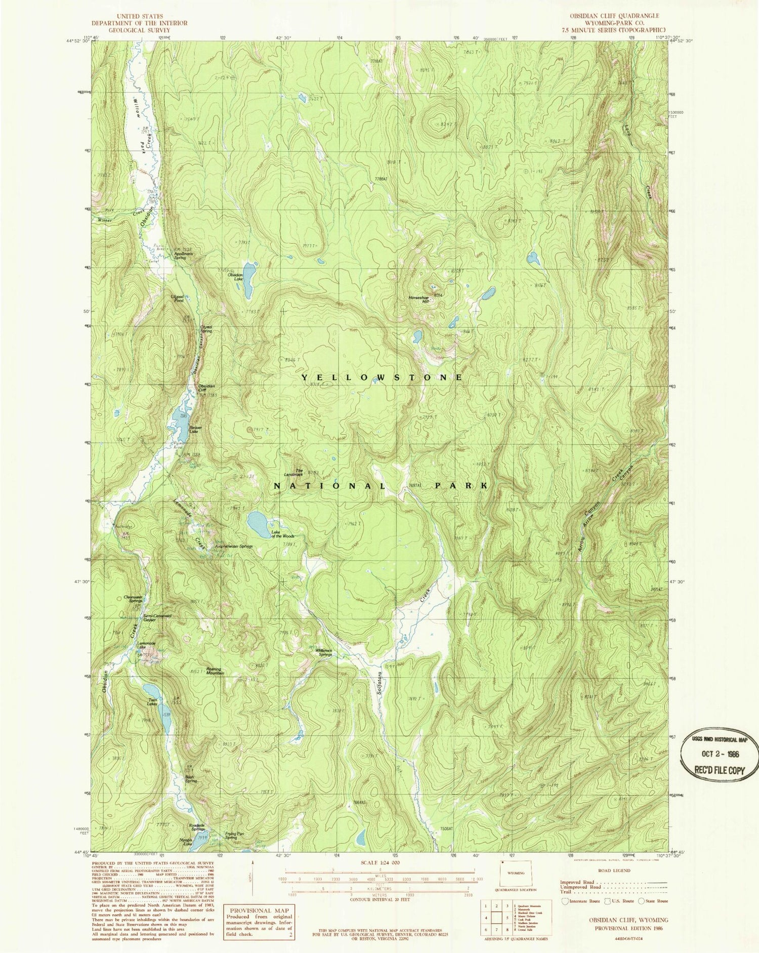 Classic USGS Obsidian Cliff Wyoming 7.5'x7.5' Topo Map Image