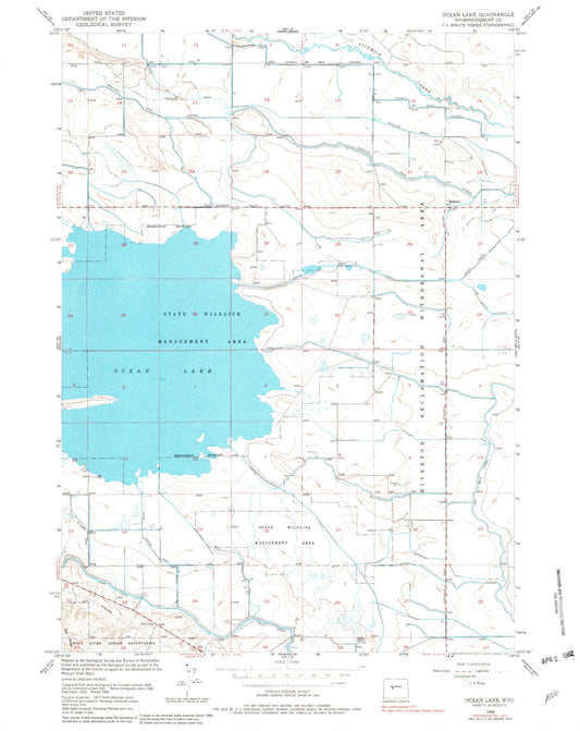 Classic USGS Ocean Lake Wyoming 7.5'x7.5' Topo Map Image