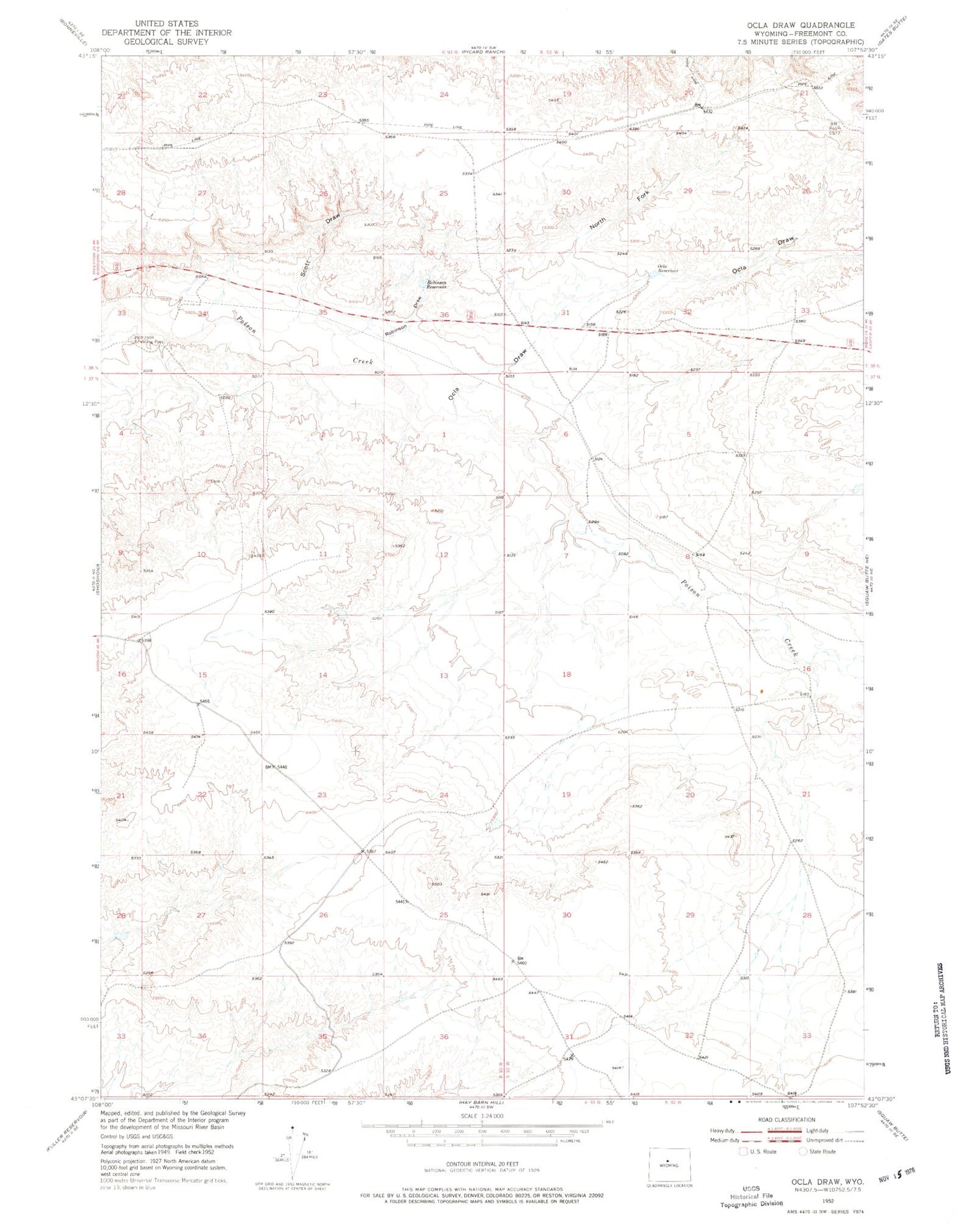 Classic USGS Ocla Draw Wyoming 7.5'x7.5' Topo Map Image