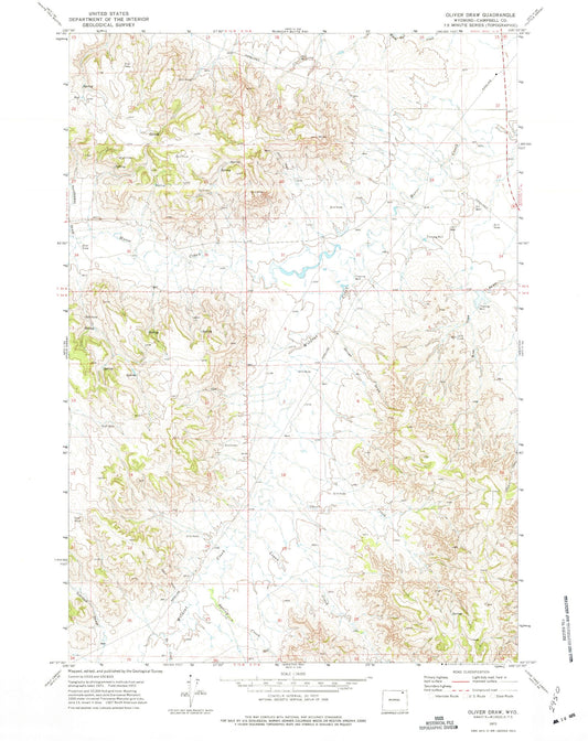 Classic USGS Oliver Draw Wyoming 7.5'x7.5' Topo Map Image