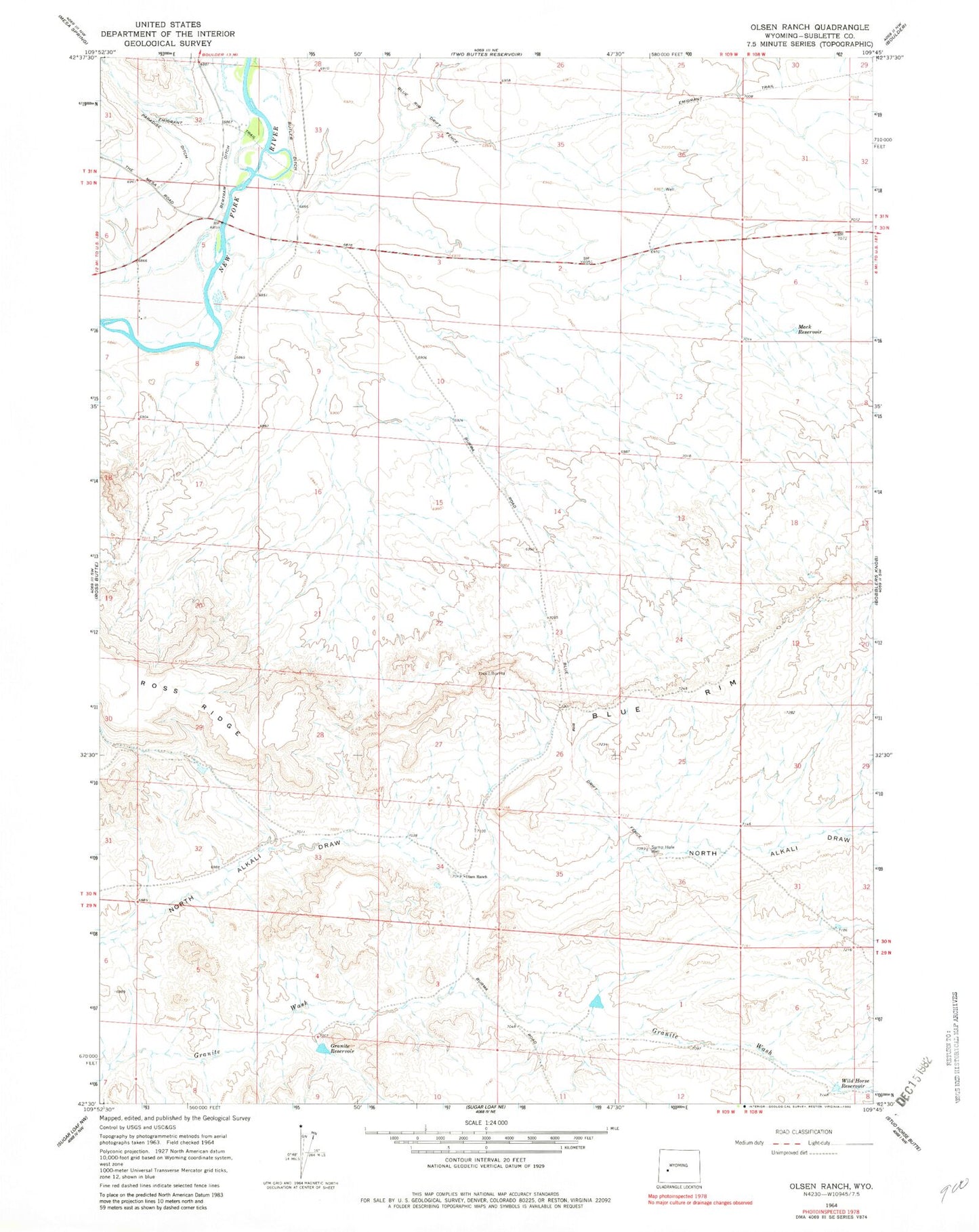 Classic USGS Olsen Ranch Wyoming 7.5'x7.5' Topo Map Image