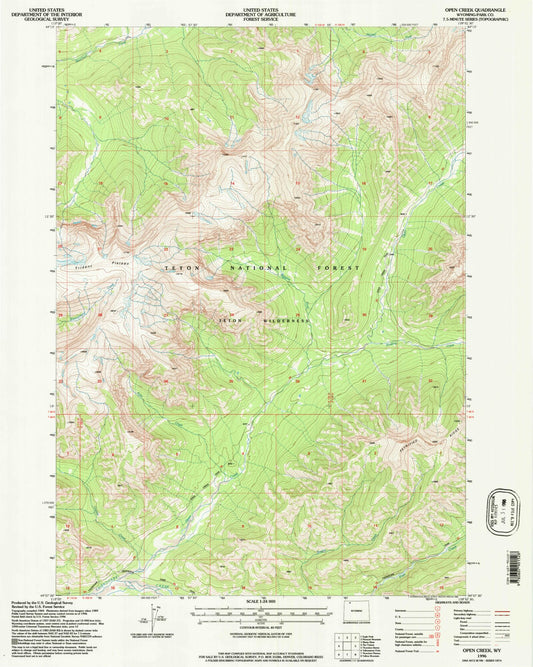 Classic USGS Open Creek Wyoming 7.5'x7.5' Topo Map Image