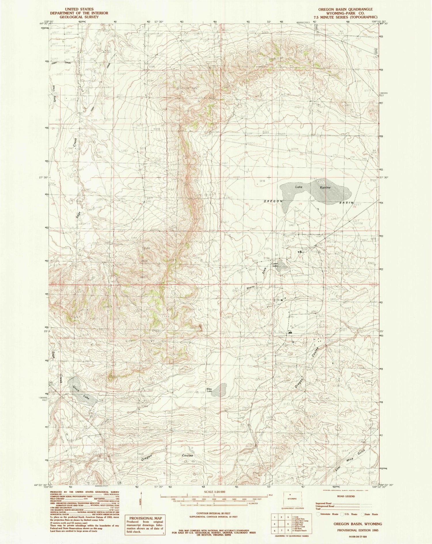 Classic USGS Oregon Basin Wyoming 7.5'x7.5' Topo Map Image