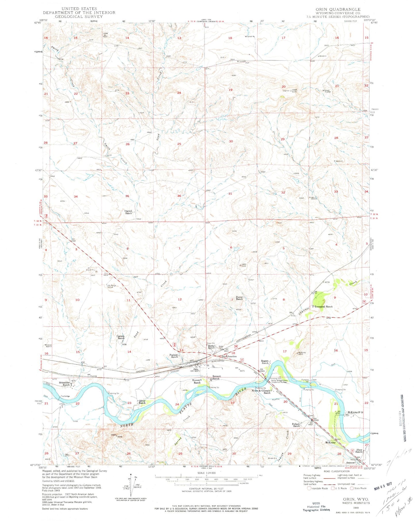 Classic USGS Orin Wyoming 7.5'x7.5' Topo Map Image