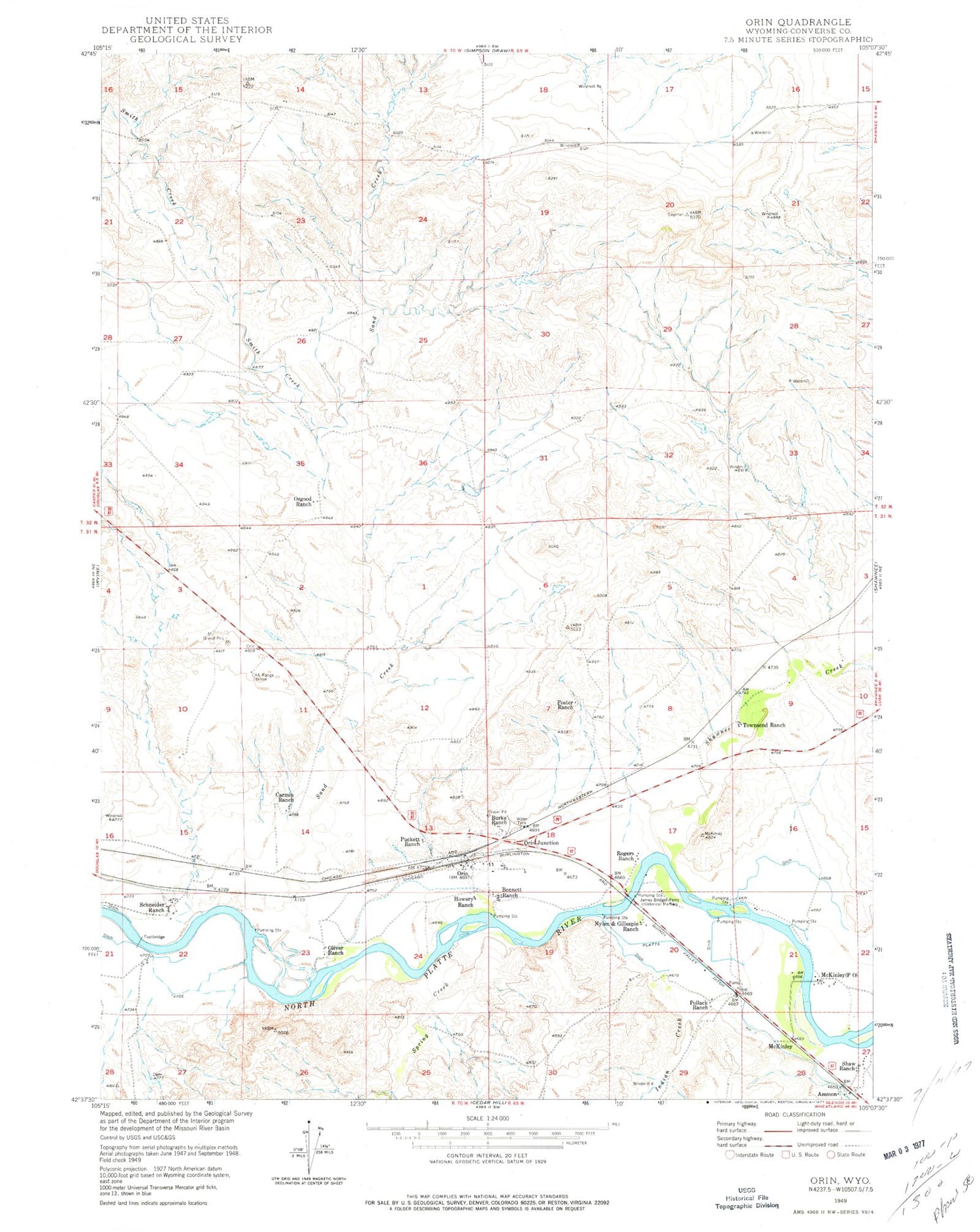 Classic USGS Orin Wyoming 7.5'x7.5' Topo Map Image