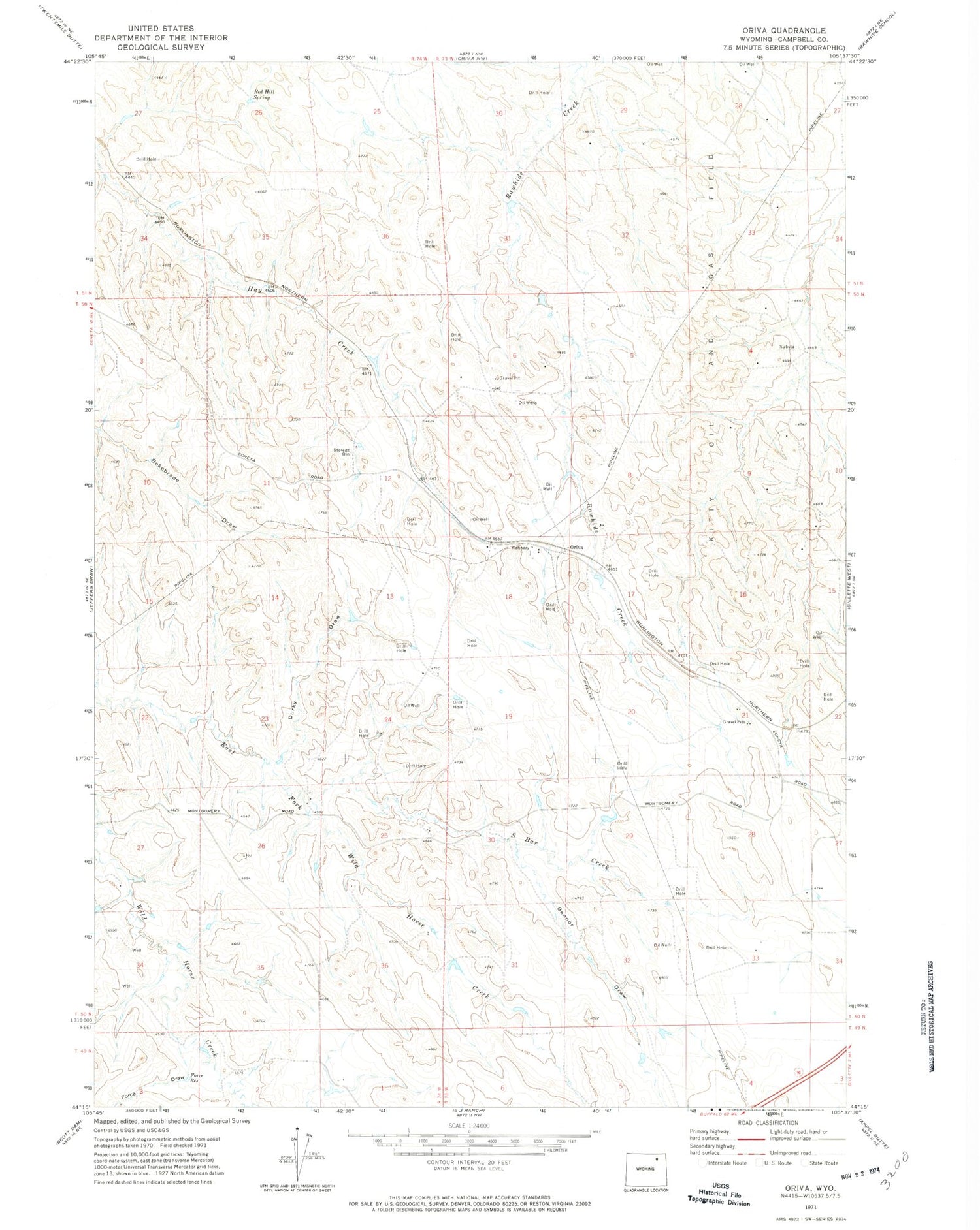 Classic USGS Oriva Wyoming 7.5'x7.5' Topo Map Image