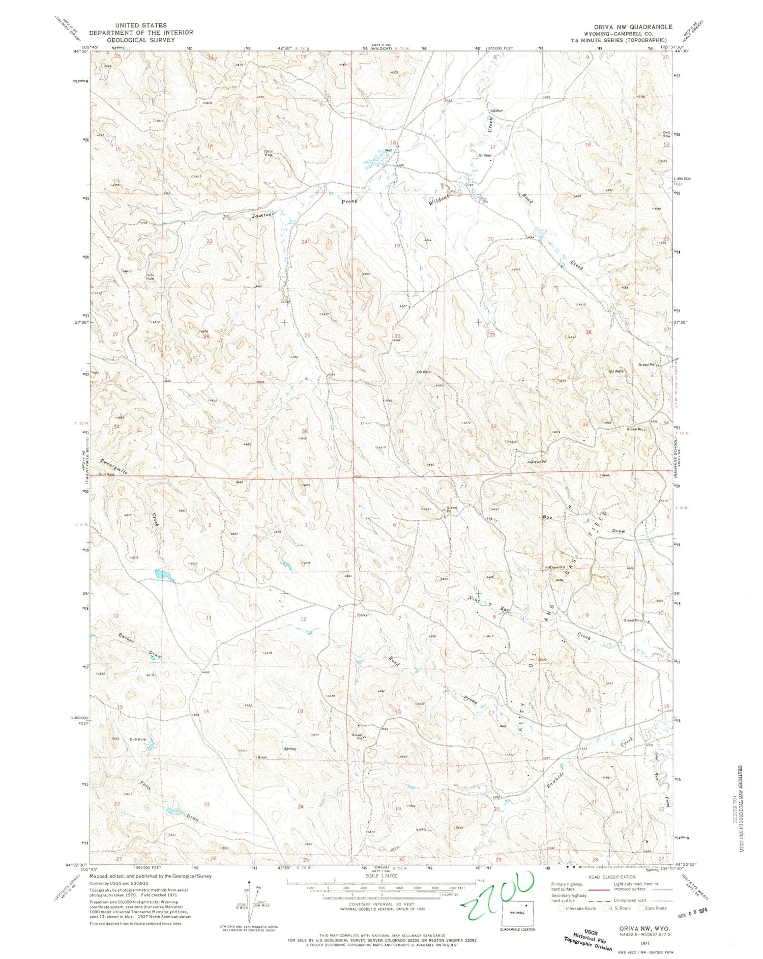 Classic USGS Oriva NW Wyoming 7.5'x7.5' Topo Map Image