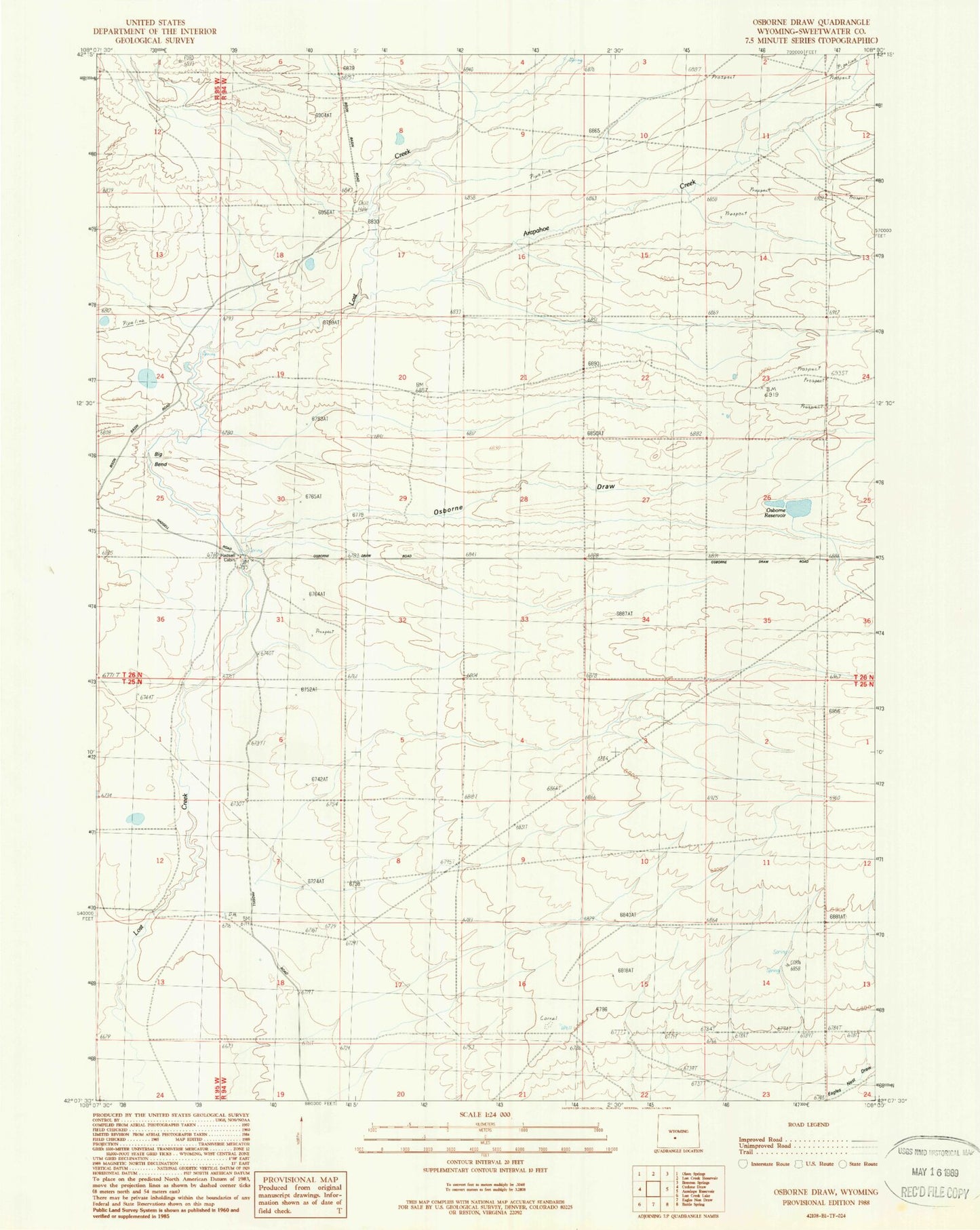Classic USGS Osborne Draw Wyoming 7.5'x7.5' Topo Map Image