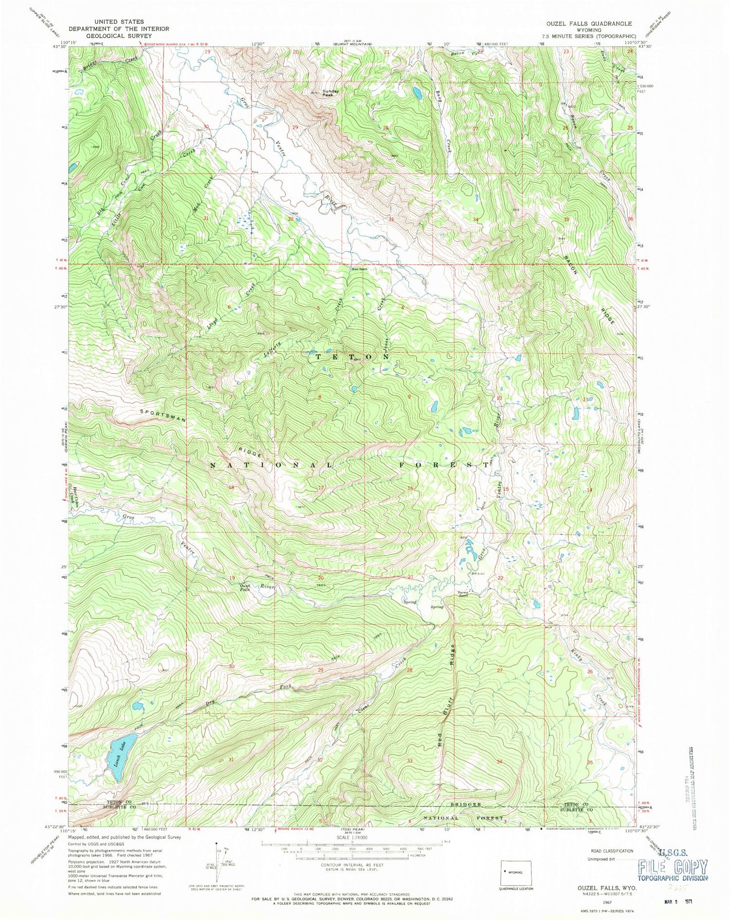 Classic USGS Ouzel Falls Wyoming 7.5'x7.5' Topo Map Image