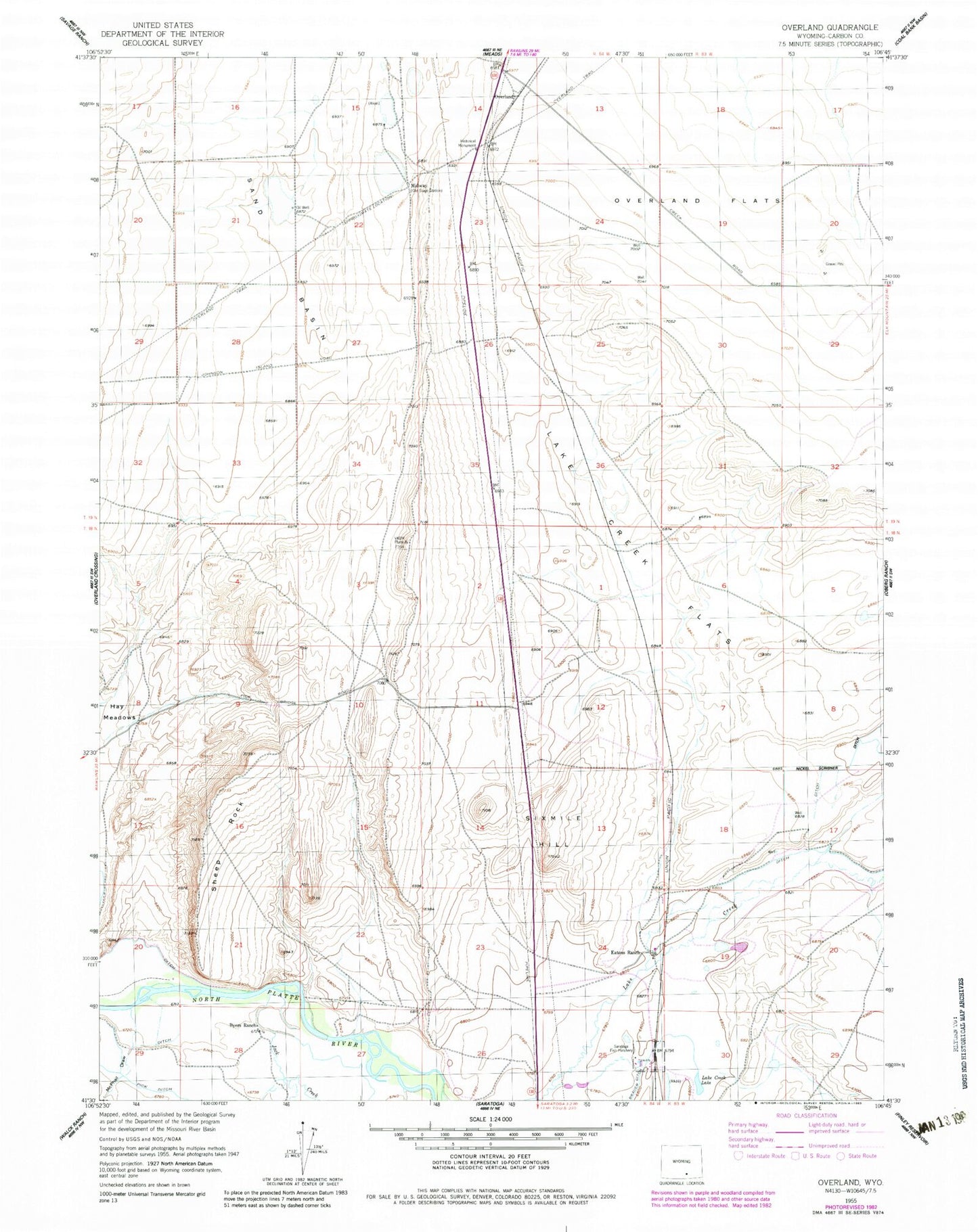 Classic USGS Overland Wyoming 7.5'x7.5' Topo Map Image
