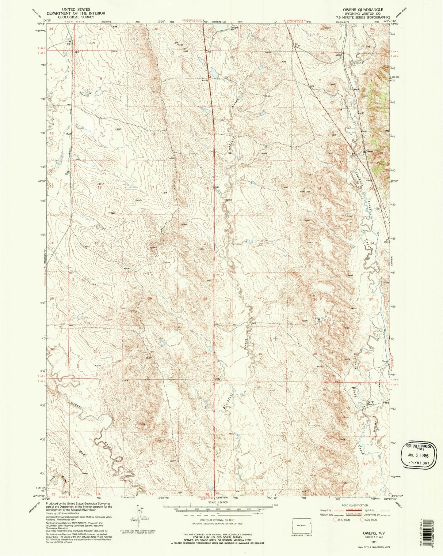 Classic USGS Owens Wyoming 7.5'x7.5' Topo Map Image