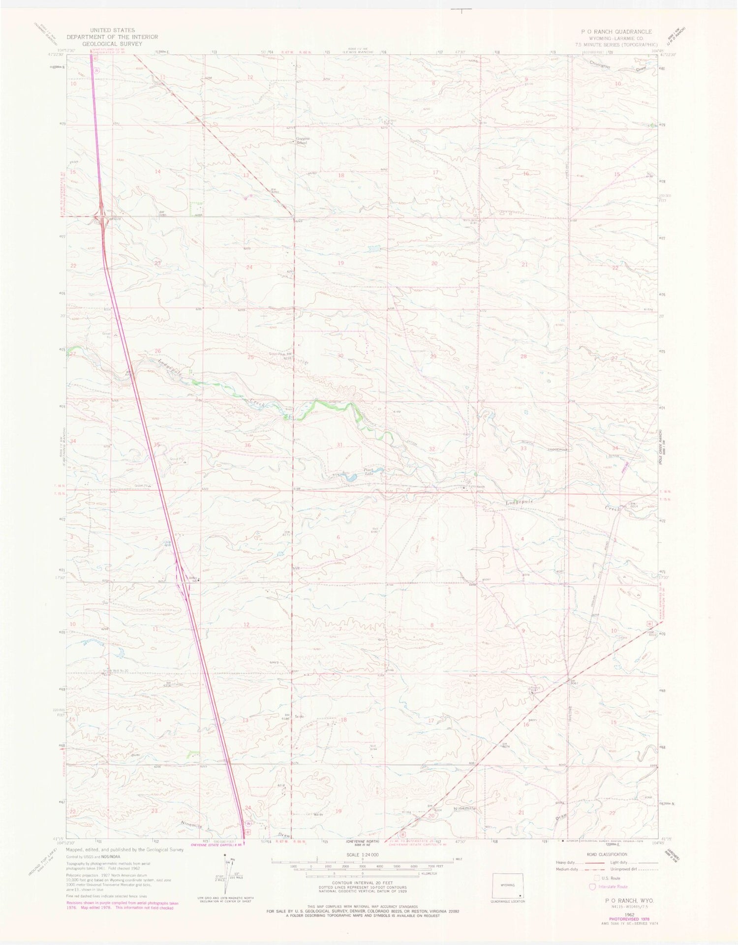 Classic USGS P O Ranch Wyoming 7.5'x7.5' Topo Map Image