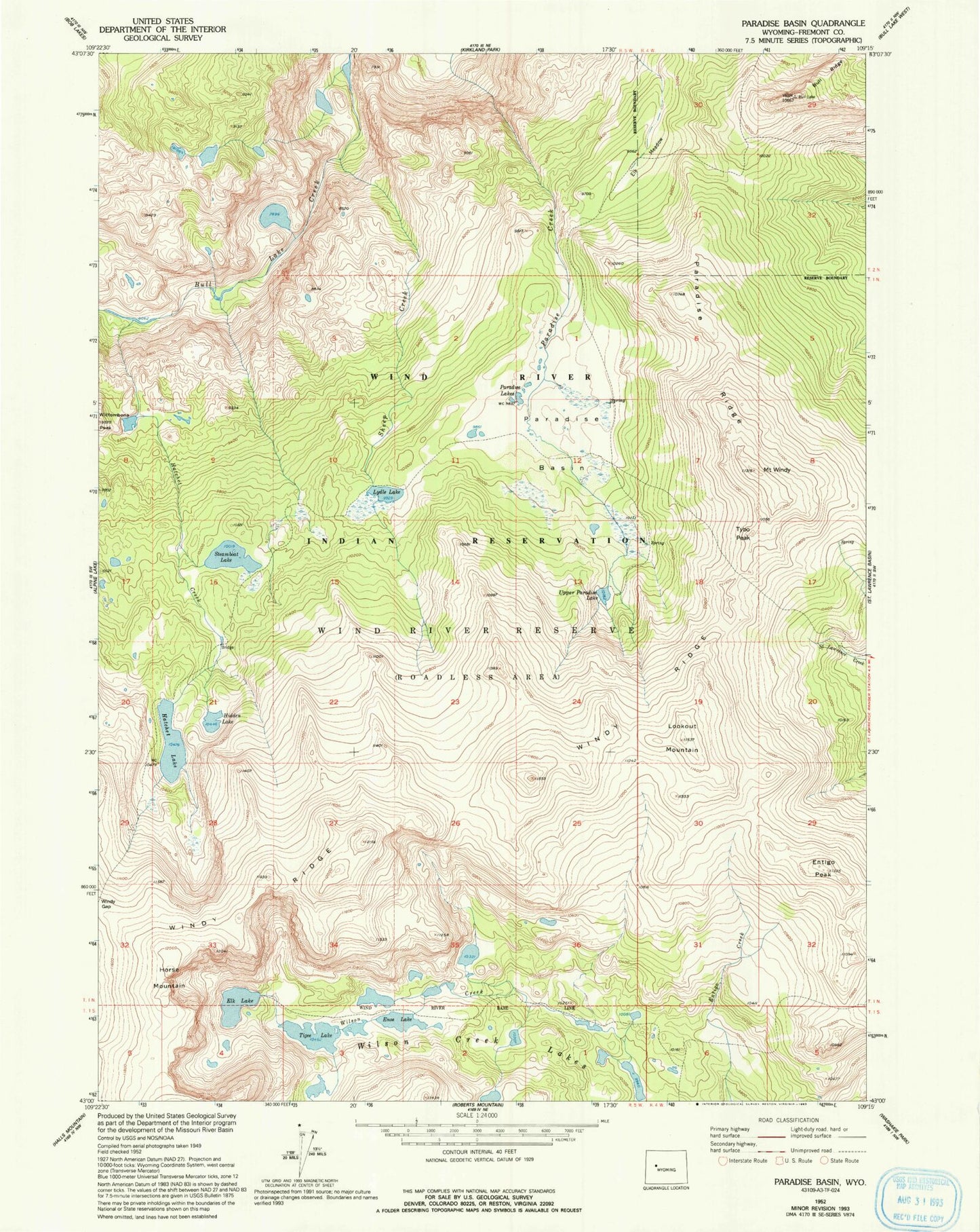 Classic USGS Paradise Basin Wyoming 7.5'x7.5' Topo Map Image