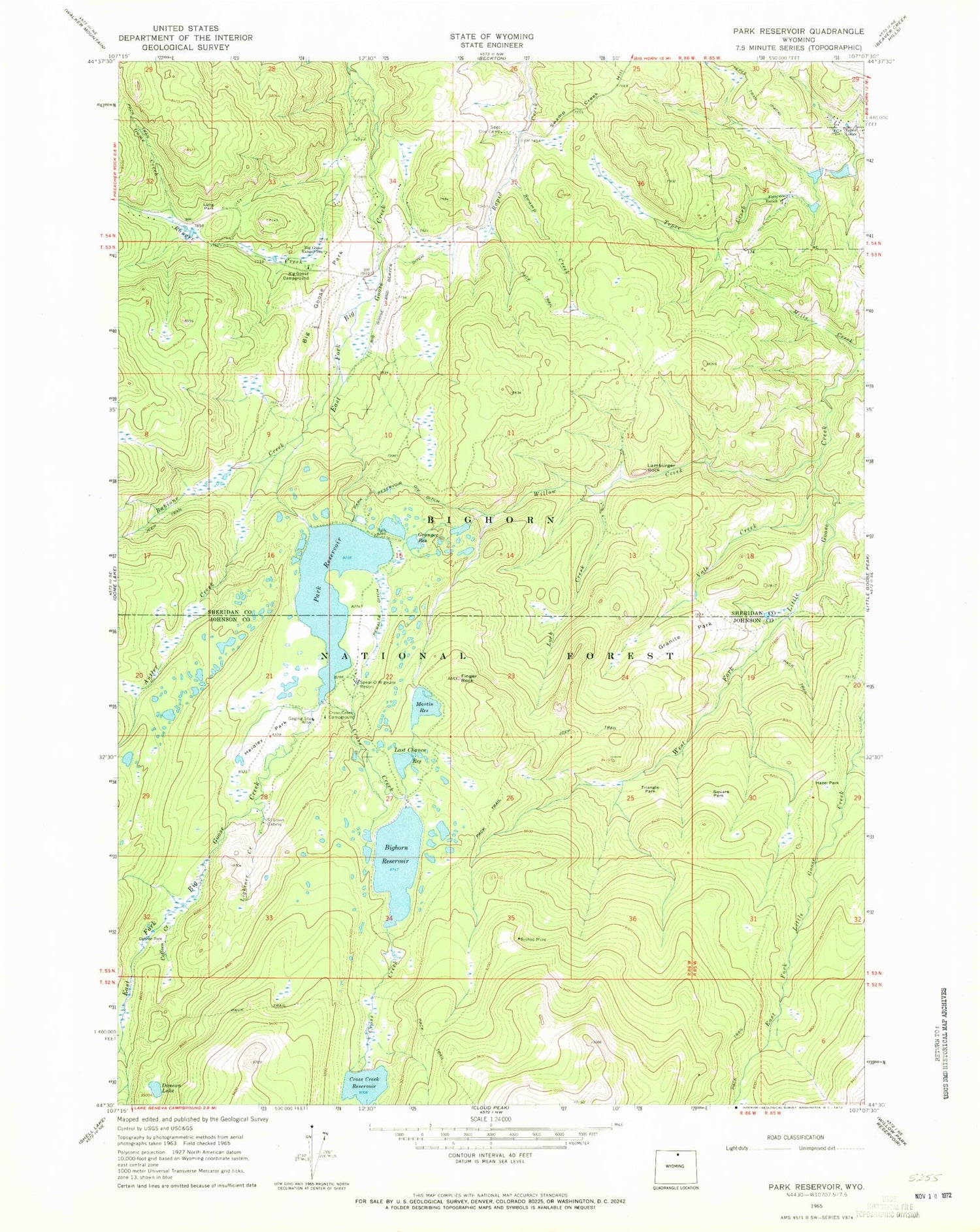 Classic USGS Park Reservoir Wyoming 7.5'x7.5' Topo Map Image