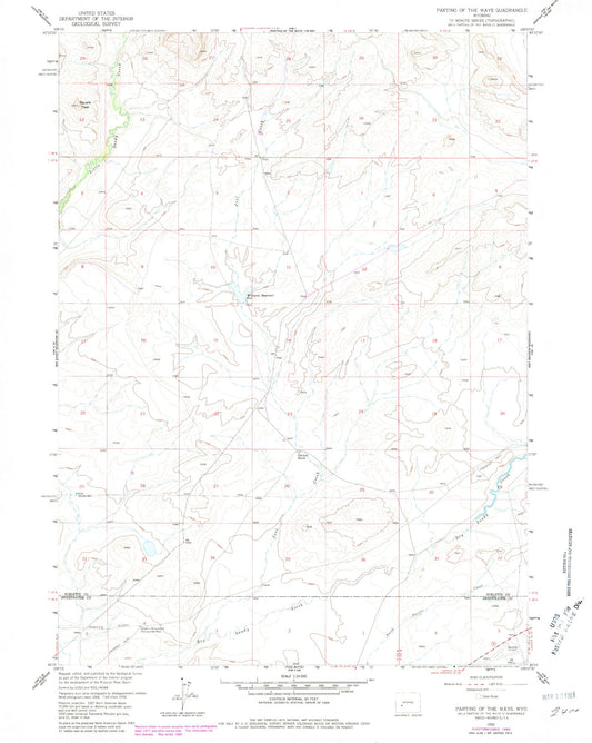 Classic USGS Parting of the Ways Wyoming 7.5'x7.5' Topo Map Image