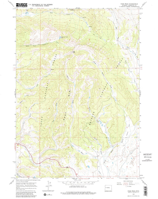 Classic USGS Pass Peak Wyoming 7.5'x7.5' Topo Map Image
